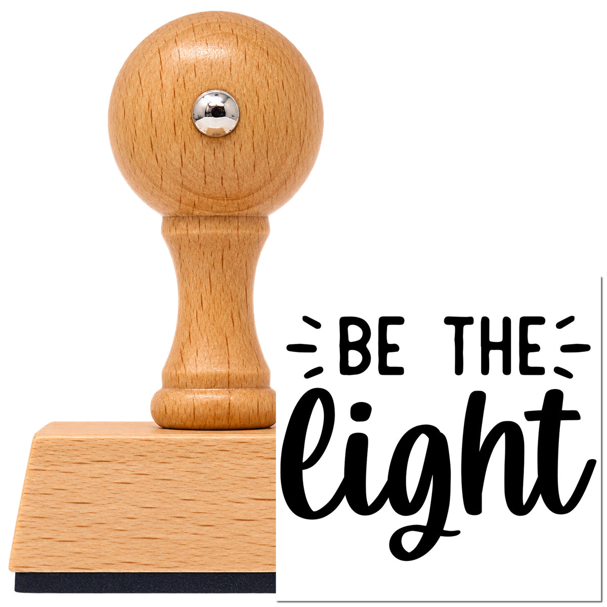Vintage Pro beech wood stamp with a round knob handle, shown with its black Be The Light Letter Art imprint on white.