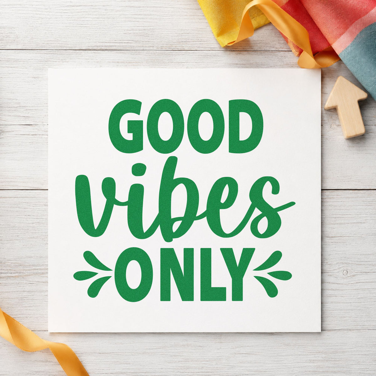 Good Vibes Only Splashes craft stamp in green ink on cardstock, an easy option for truck season album page.