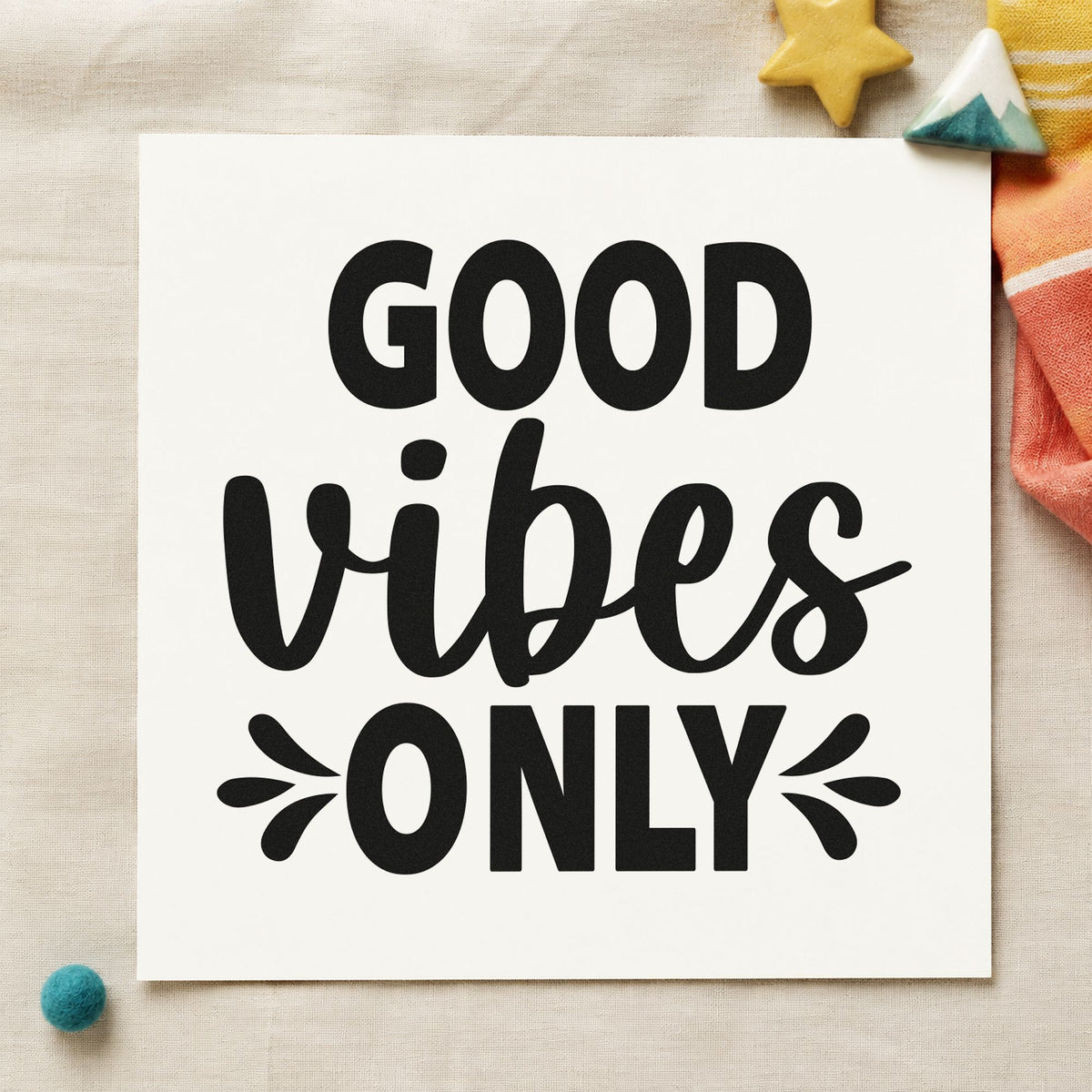 Good Vibes Only Splashes craft stamp imprint in black ink on a handmade project, one idea being sauce jar gift tags.
