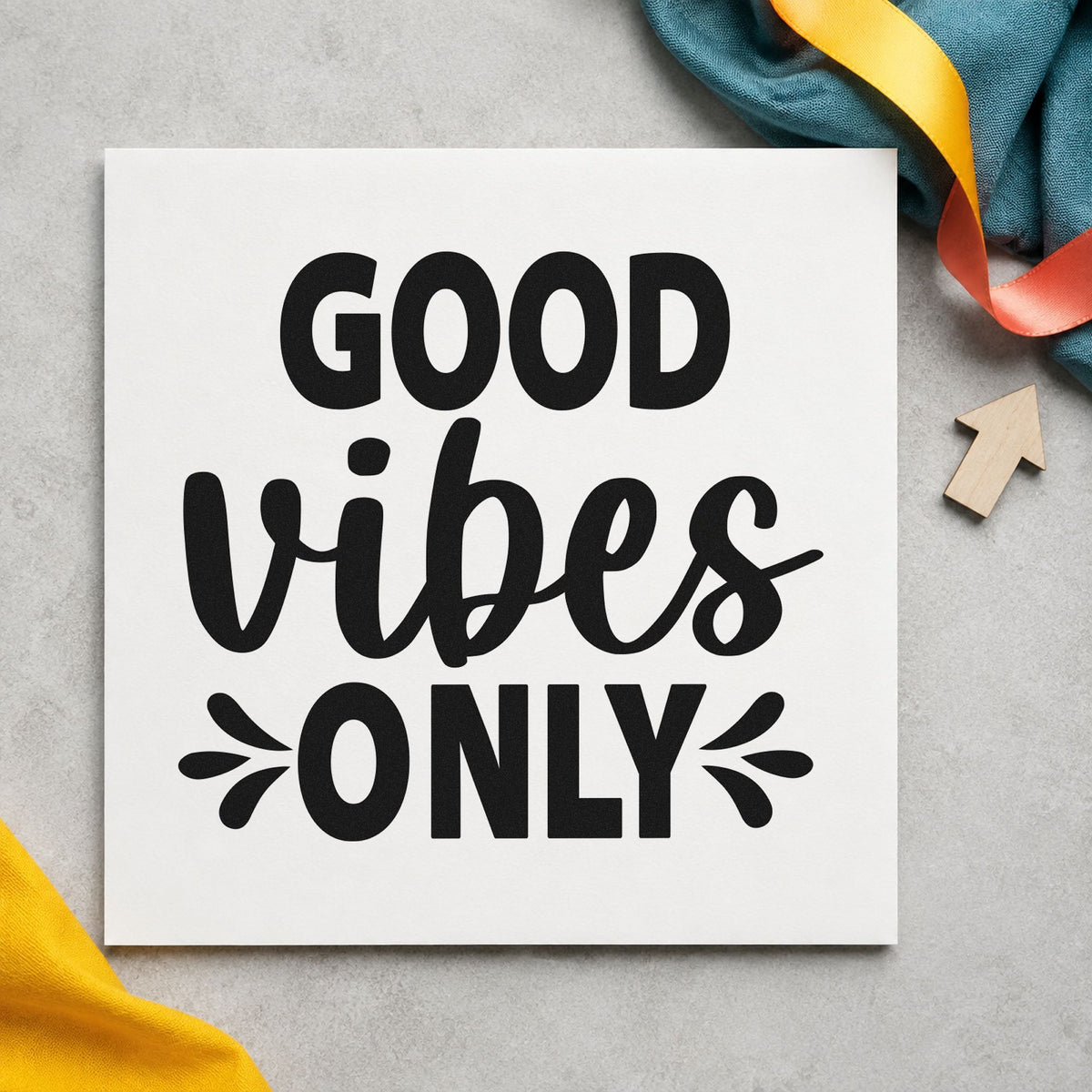 Good Vibes Only Splashes rubber stamp printed in black ink, ready for event book sheet and similar paper crafts.