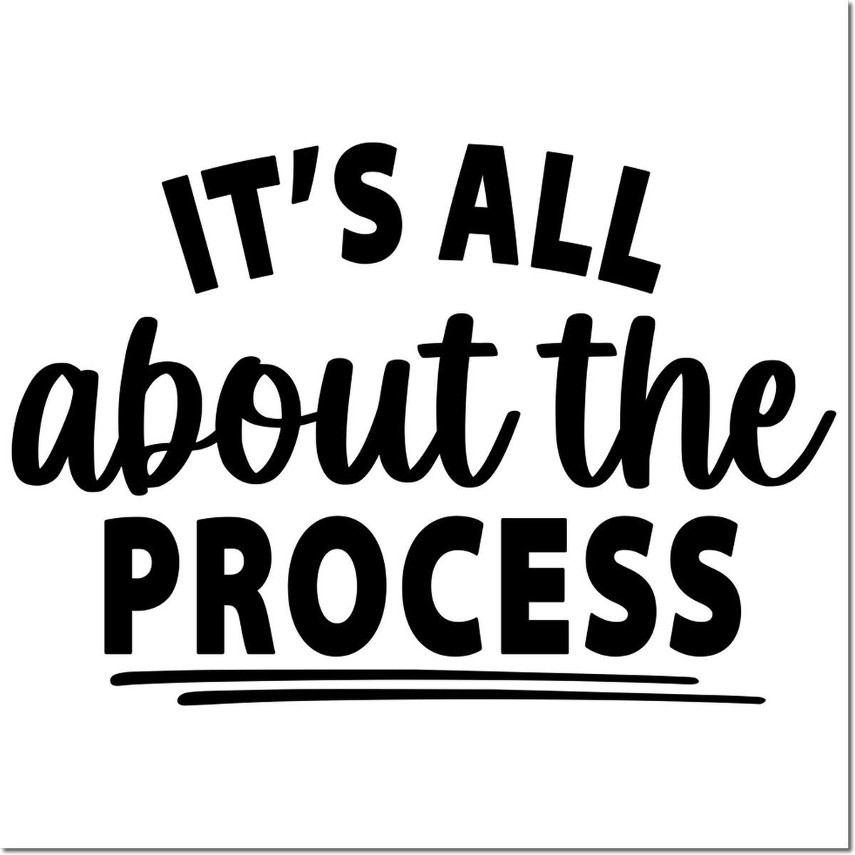 Black rubber stamp-style typography reading Its all about the process on a white background.