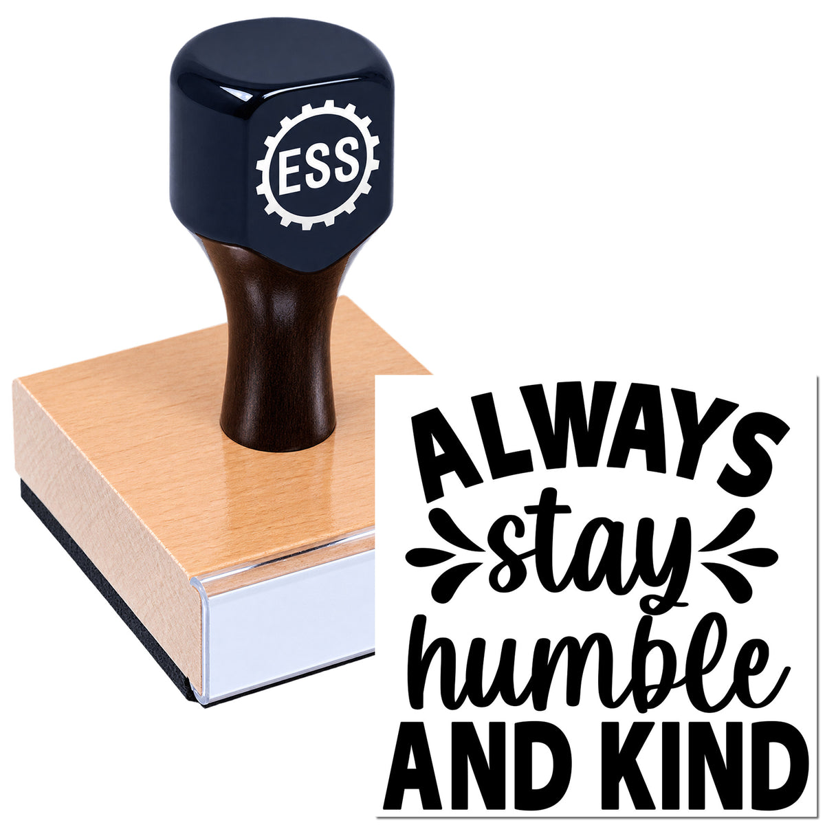 Navy blue ESSL stamp on a pink seal block beside bold black "Always stay humble and kind" lettering