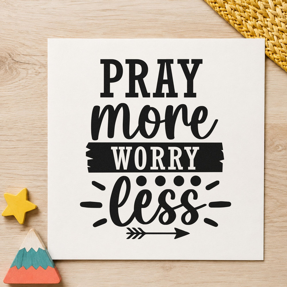 Pray More Worry Less rubber stamp printed in black ink, ready for meeting plan sheet and similar paper crafts.