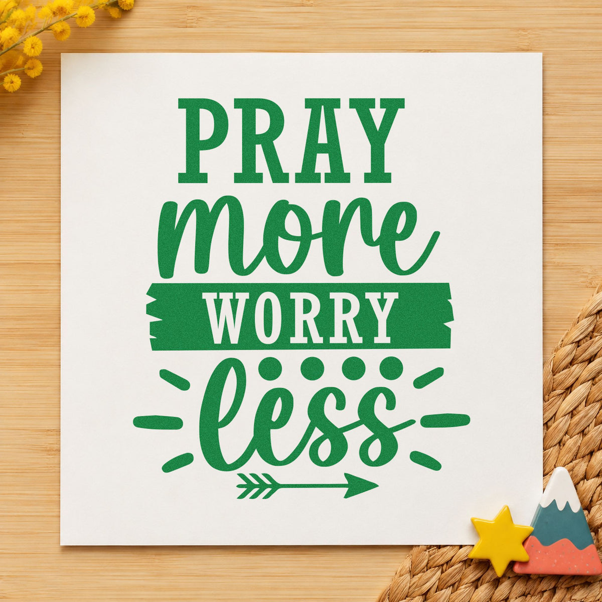 Pray More Worry Less craft stamp imprint in green ink on a handmade project, one idea being prayer request cards.