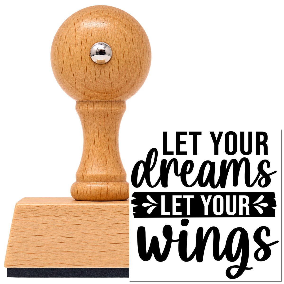 Vintage Pro beech wood stamp with a round knob handle, shown with its black Leafy Banner With Dreams And Wings imprint on white.