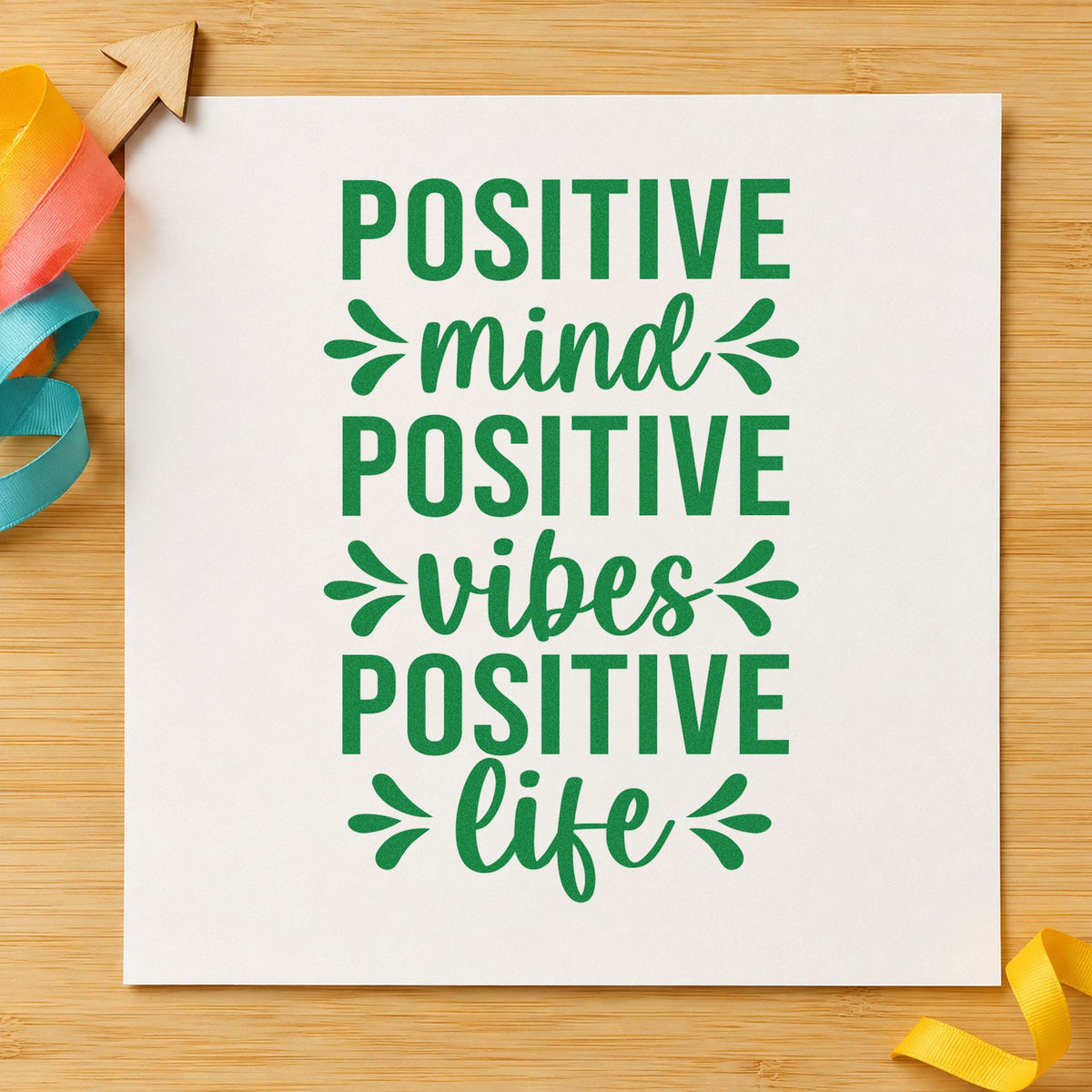 Positive Mind Vibes Life craft stamp in green ink on cardstock, an easy option for meal prep album page.