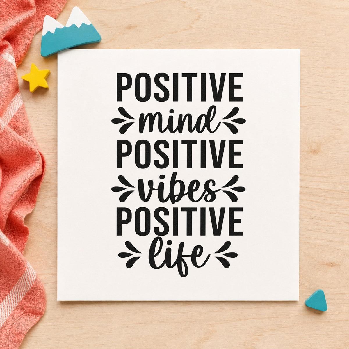 Positive Mind Vibes Life craft stamp imprint in black ink on a handmade project, one idea being container gift tags.