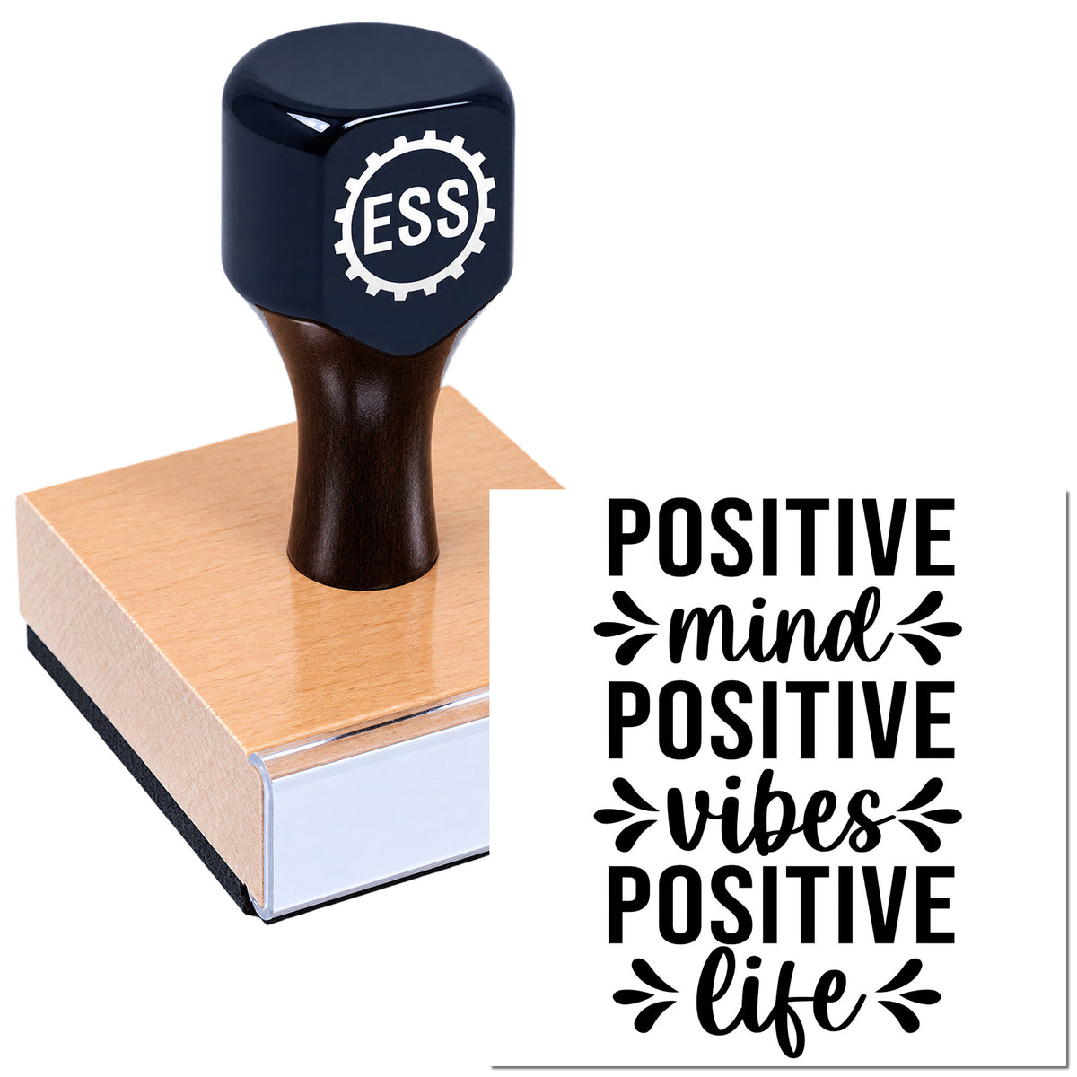 Black ESS self-inking stamp on copper pad with Positive Mind Positive Vibes Positive Life seal design