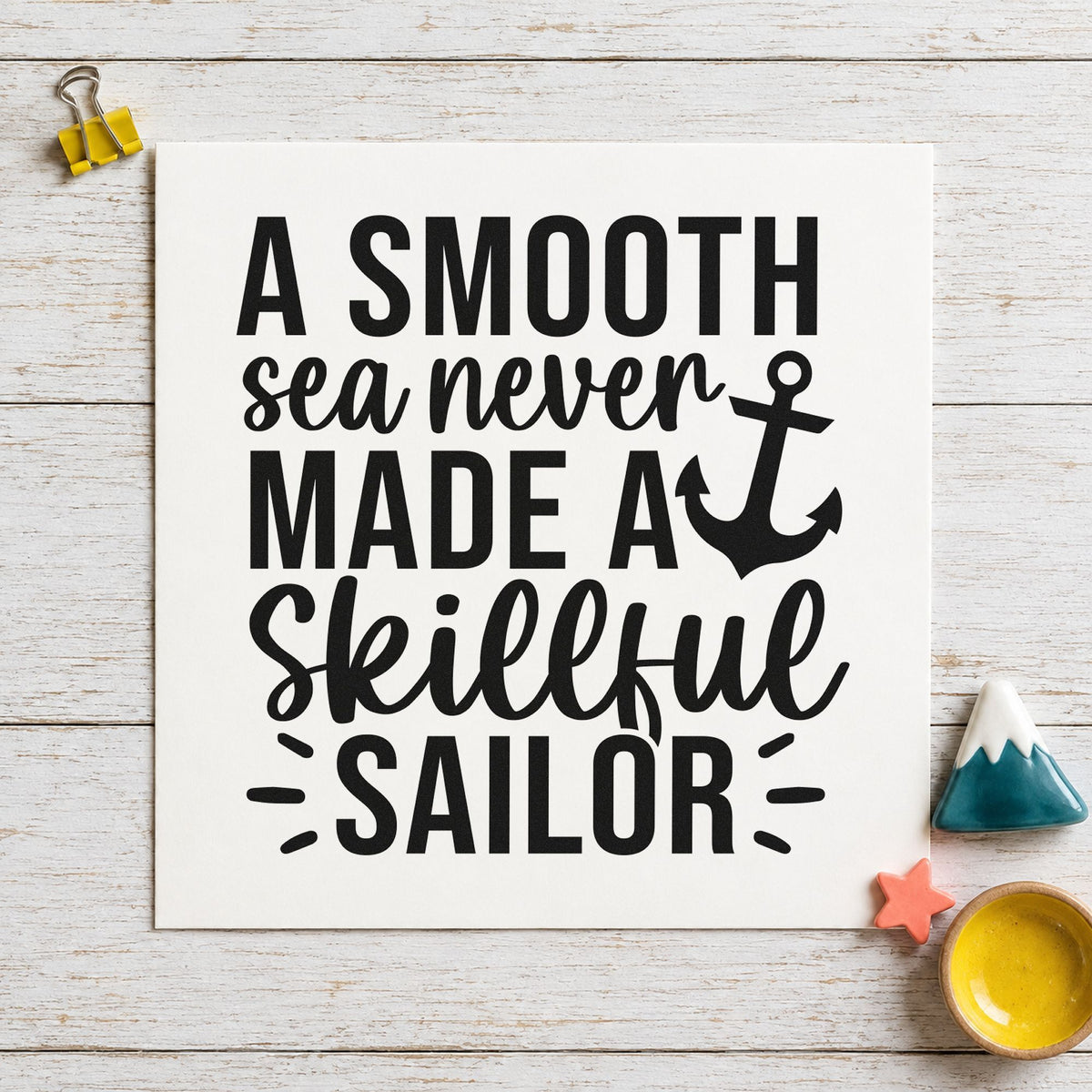 Smooth Sea Skillful Sailor craft stamp imprint in black ink on a handmade project, one idea being kit bag gift tags.