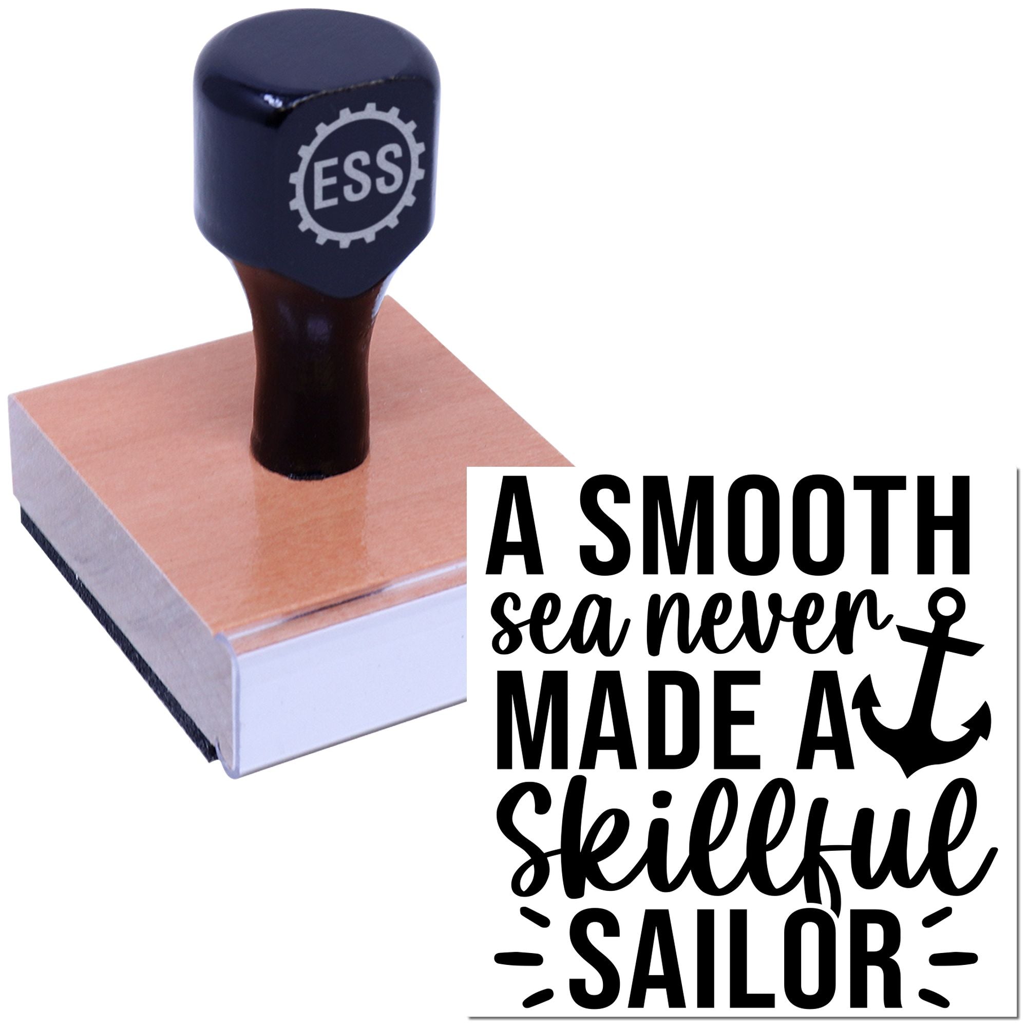 Dark navy custom rubber stamp with ESS logo, pressed on a wood block beside a black anchor quote design.