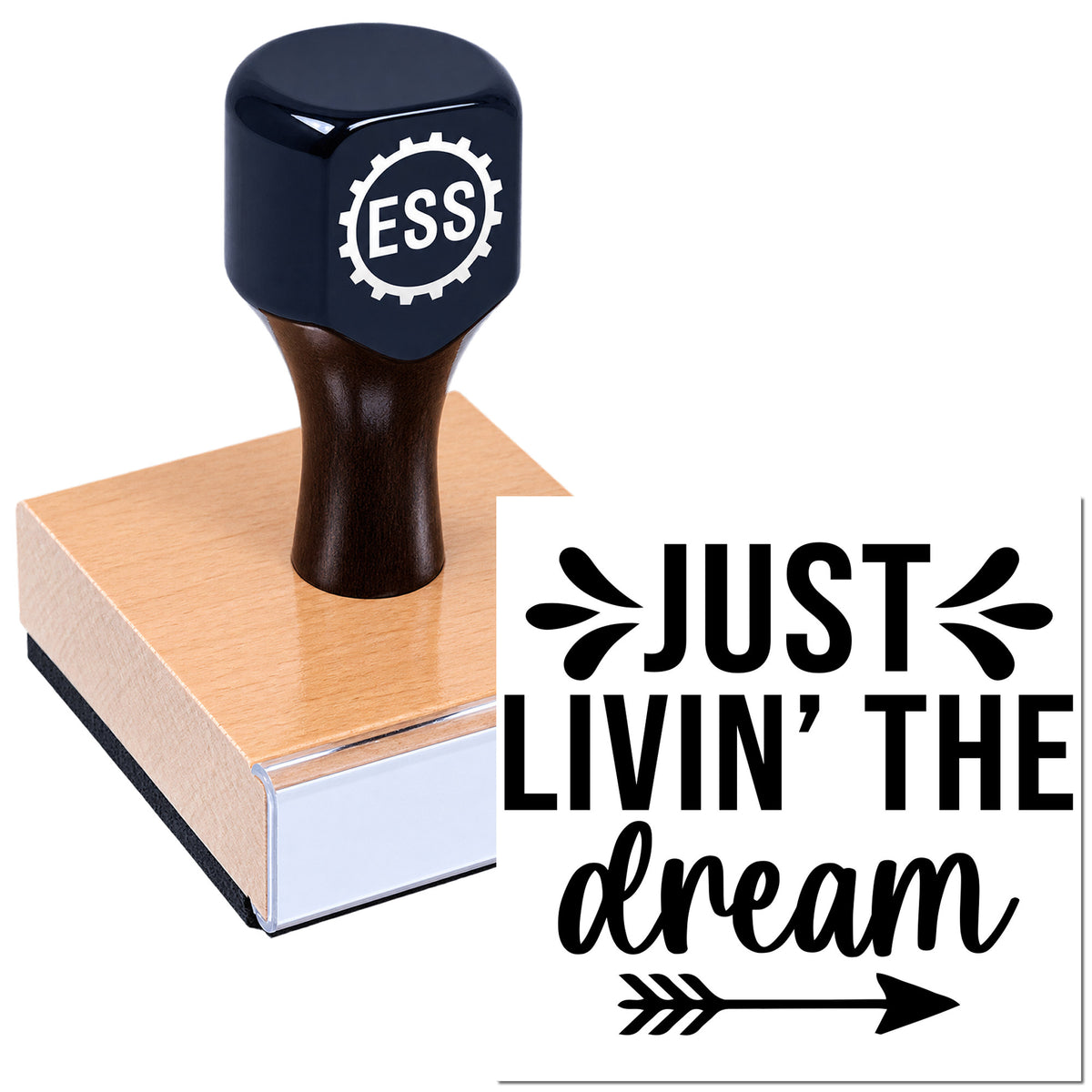 Dark navy ESS stamp and seal on pink block with "Just Livin' the dream" design and arrow graphic.