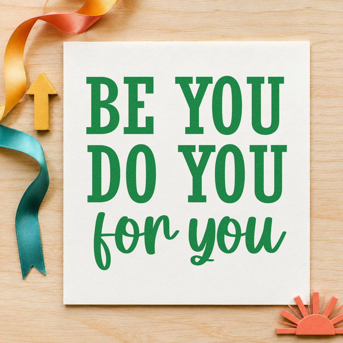 Be You Do You craft stamp imprint in green ink on a handmade project, one idea being warmup game cards.