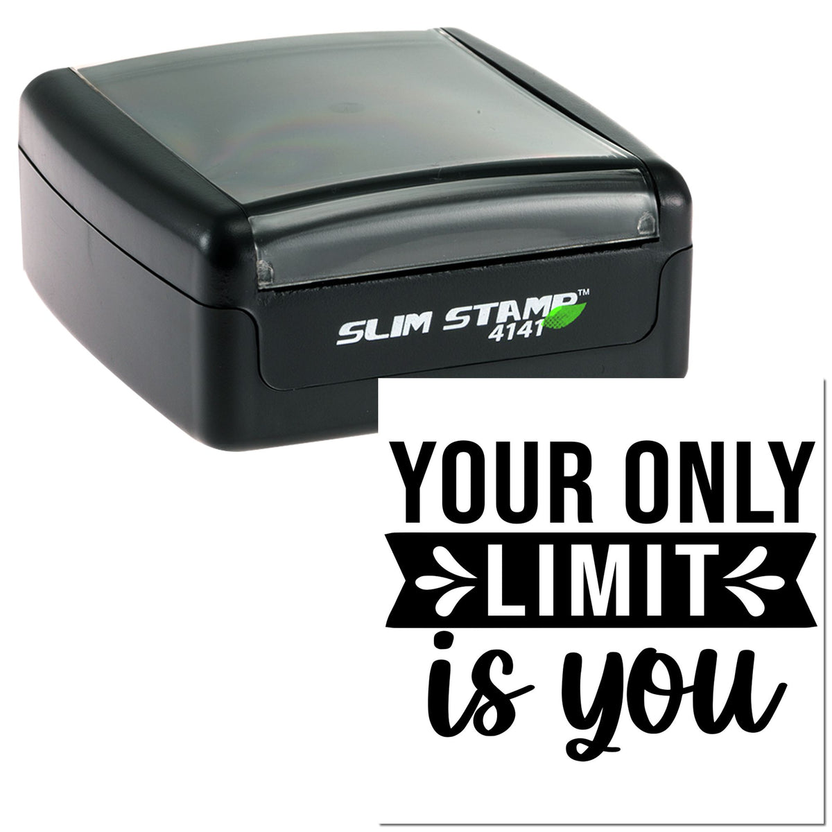 Black Slim Stamp 4141 self-inking stamp with clear cover and bold Your only limit is you seal impression.
