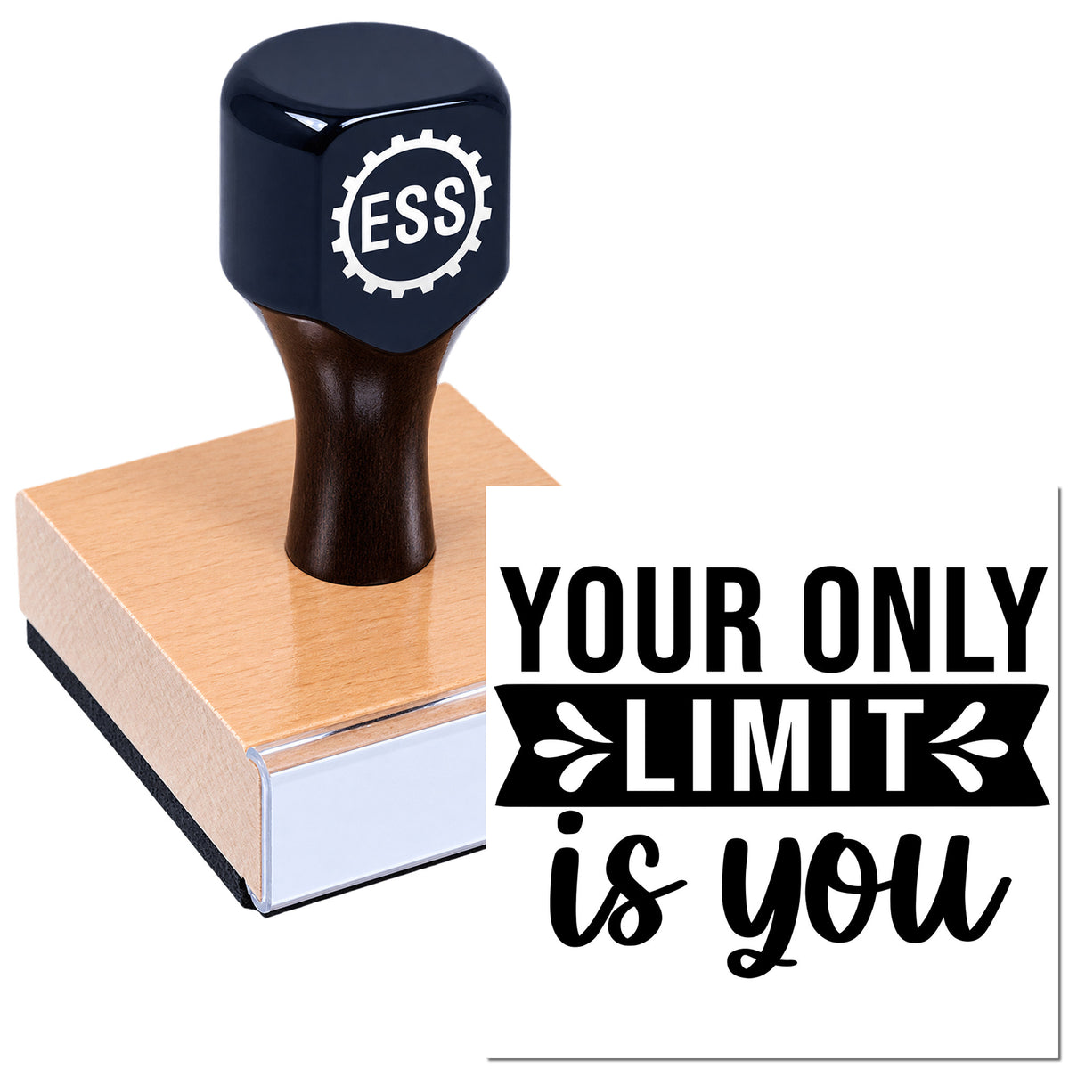 Black ESS gear stamp on pink rubber seal block with bold "Your only limit is you" slogan.