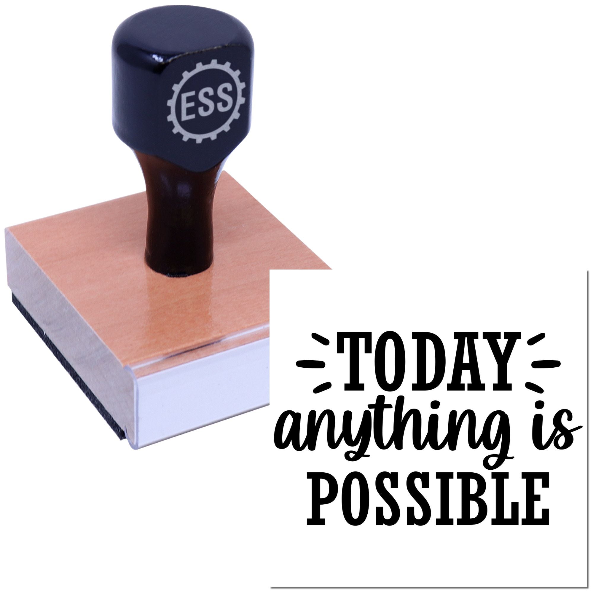 Black ESSI rubber stamp on a copper seal block with Today anything is possible design.