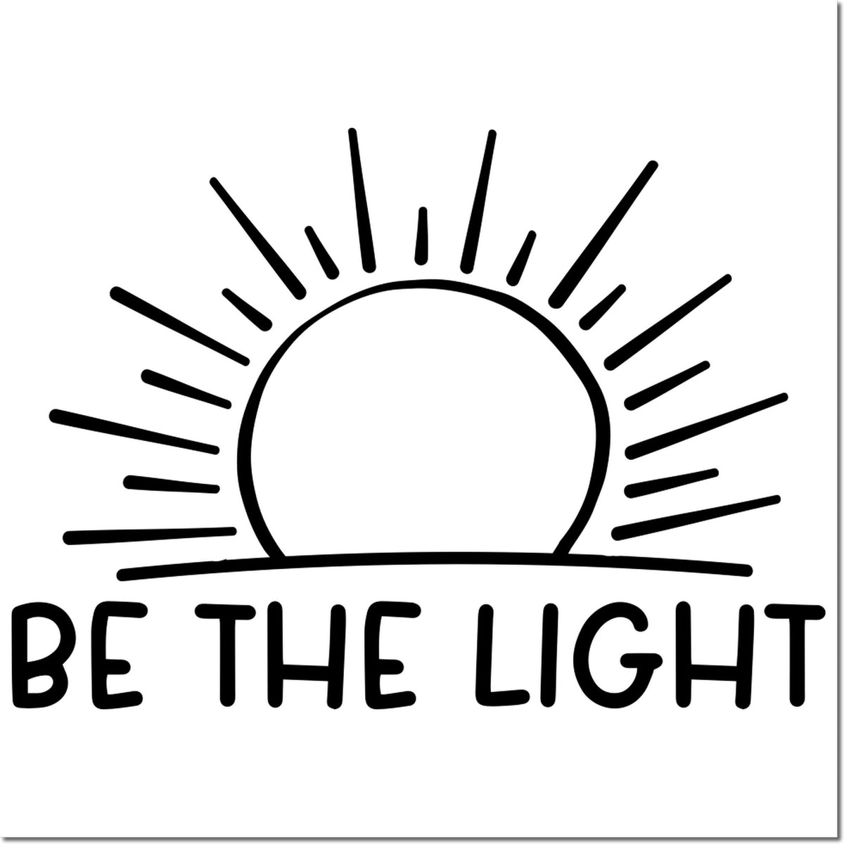 Black Be the Light stamp seal with sunrise rays over a horizon on a white background.