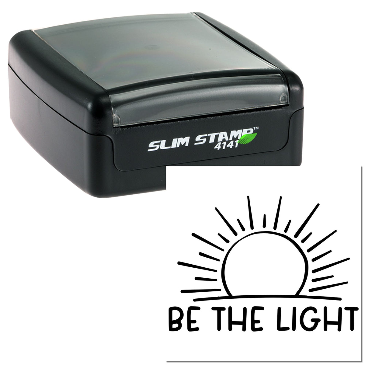 Black Slim Stamp 4141 self-inking stamp and circular Be the Light seal design on white.