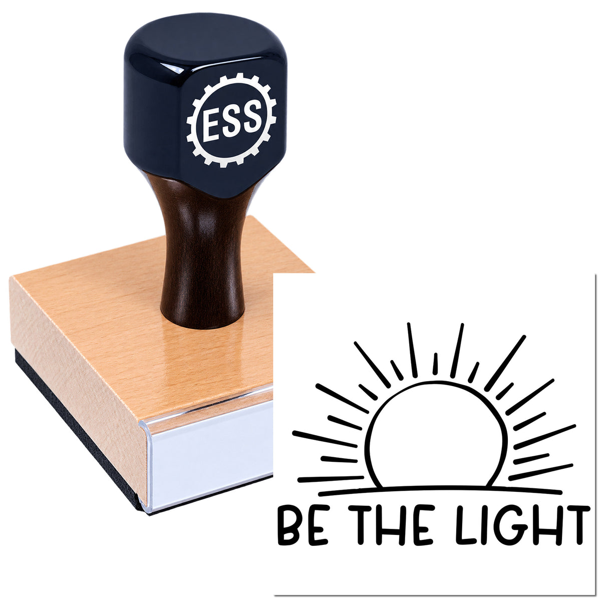 Dark blue ESSL rubber stamp on a pink seal block, with a sunburst "Be the Light" logo.