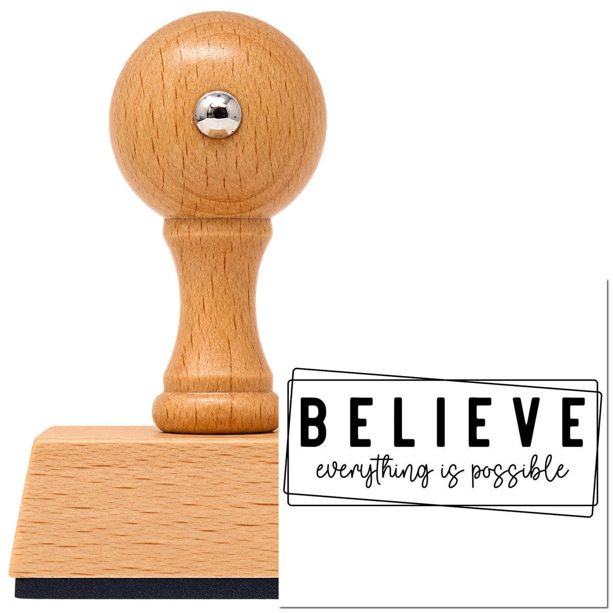 Vintage Pro beech wood stamp with a round knob handle, shown with its black Overlapping Frames With Believe Script imprint on white.