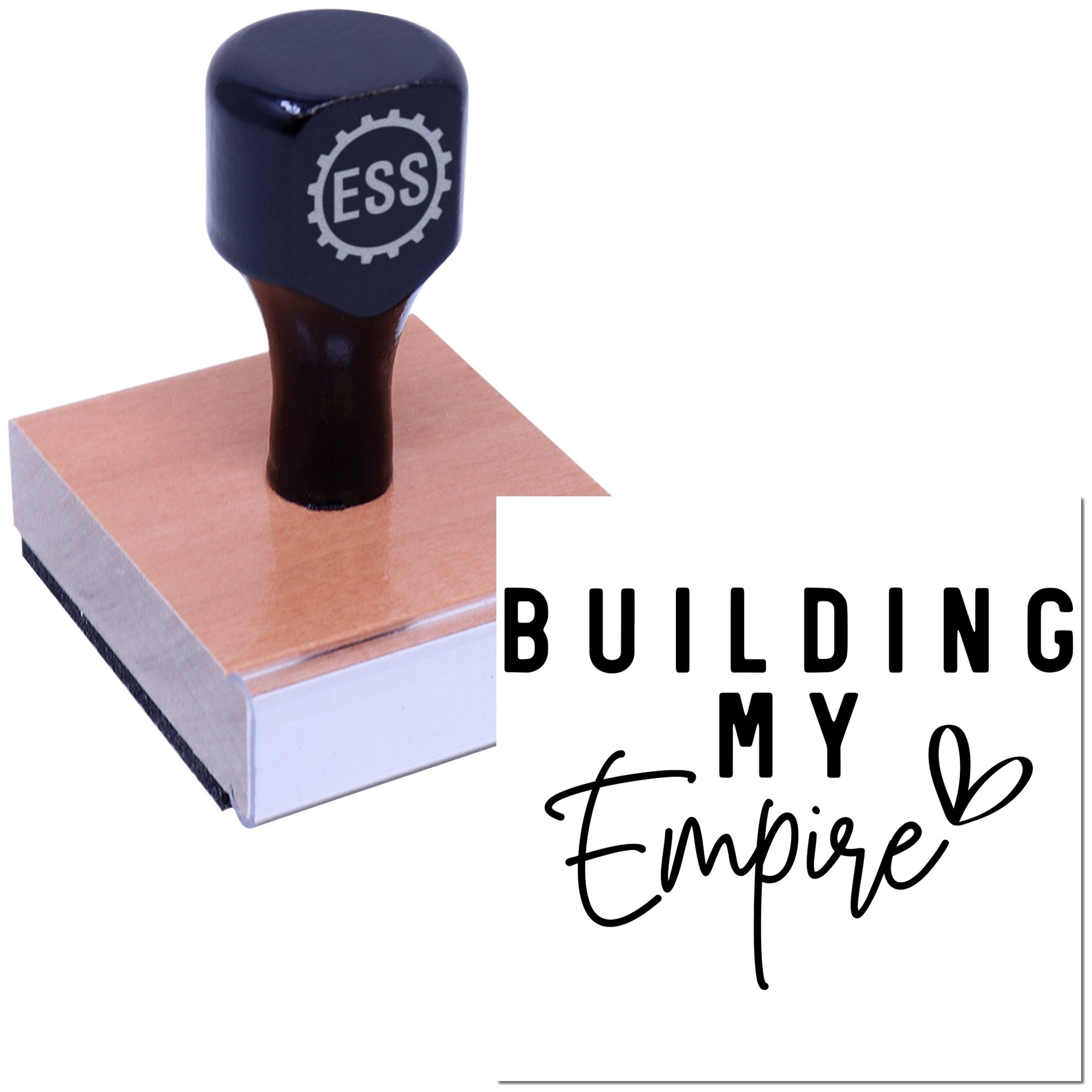 Navy rubber stamp and seal on pink block with ESSL logo and Building My Empire text.