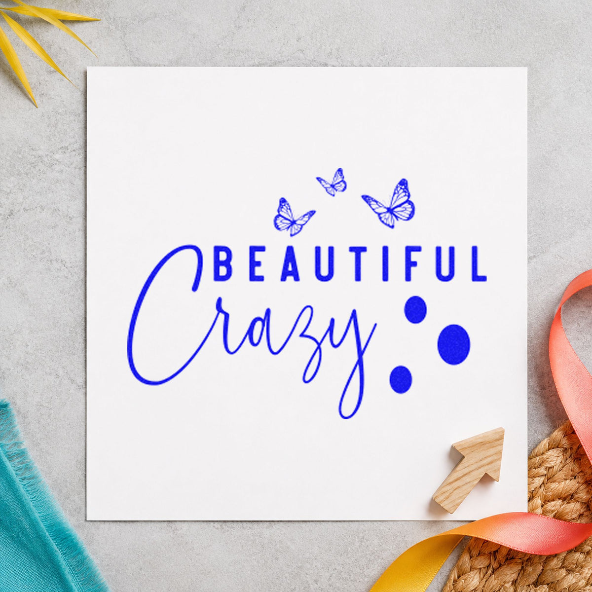 Beautiful Crazy Butterflies craft stamp in blue ink on cardstock, an easy option for robe panel printing.