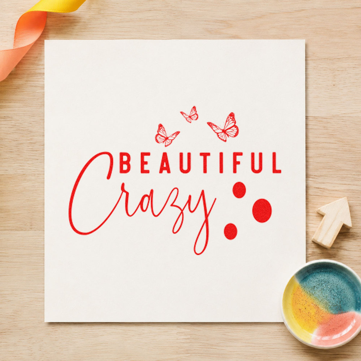 Beautiful Crazy Butterflies rubber stamp shown in red ink, stamped for projects such as bin game labels.