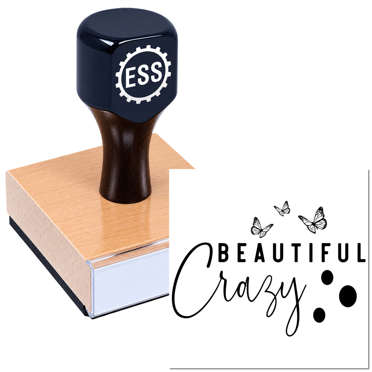 Black custom rubber stamp on pink base with butterfly "Beautiful Crazy" design and seal-style mark