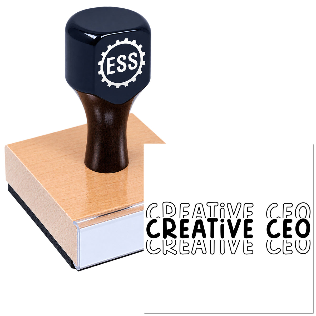 Black custom rubber stamp with ESS logo on pink seal block, printing bold Creative CEO text.