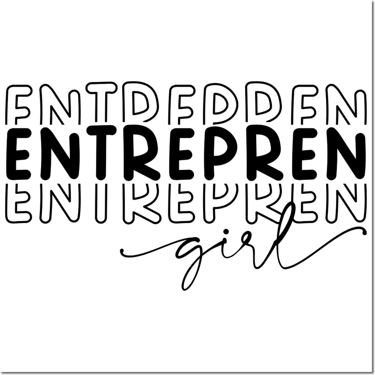 Black and white stamp and seal design with bold outlined lettering and cursive girl text on a white background.