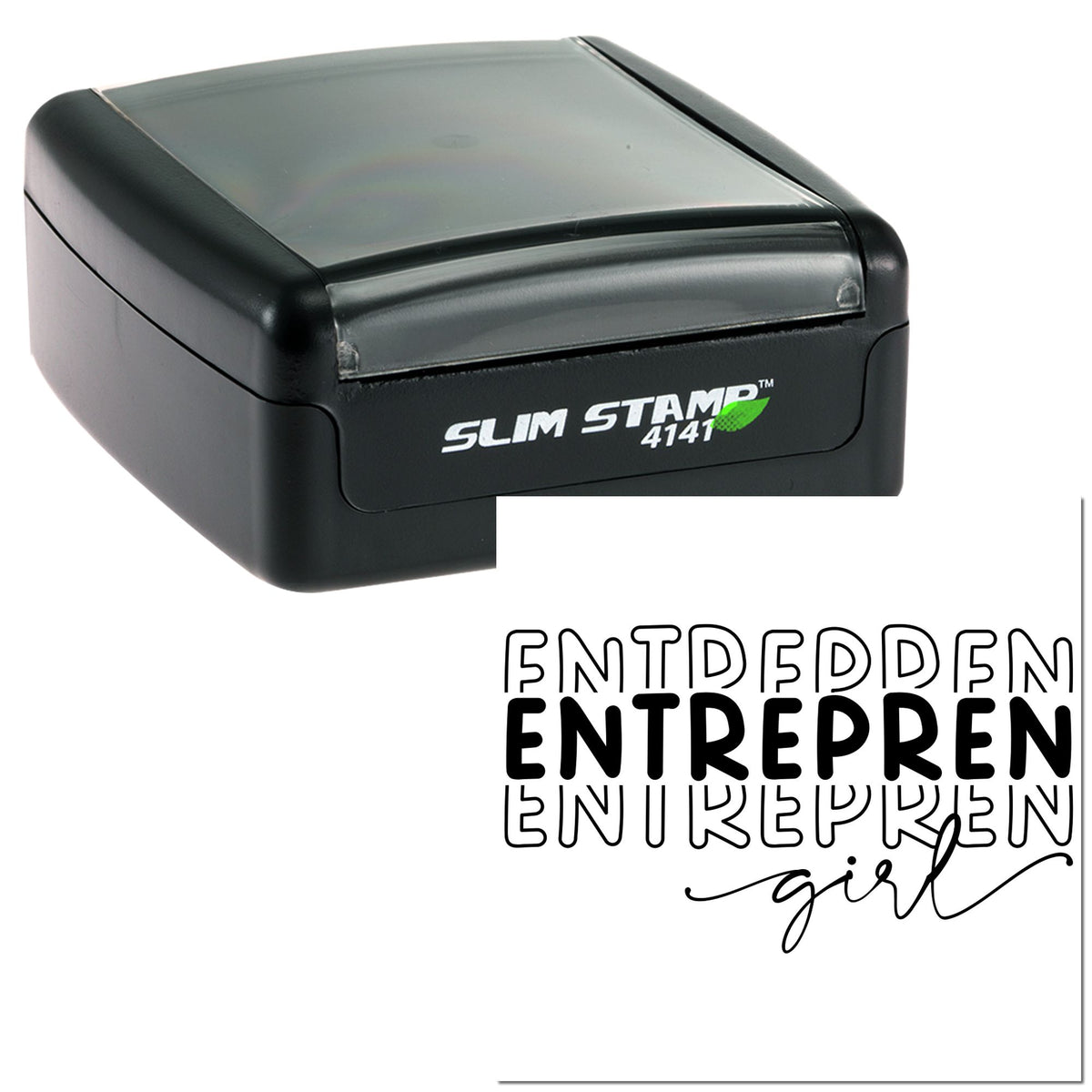 Black Slim Stamp 4141 self-inking stamp with custom ENTREPREN girl seal imprint on white background.