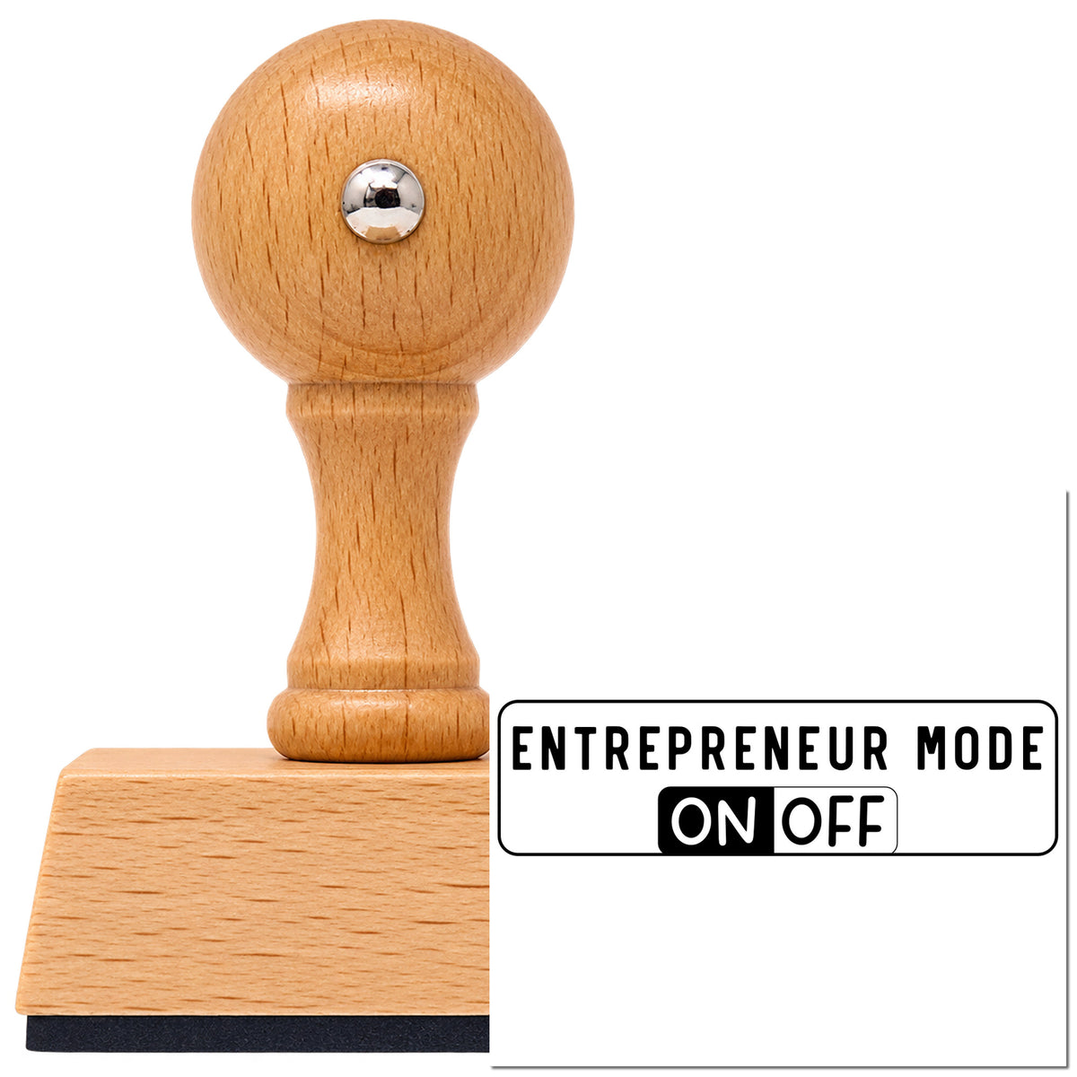 Vintage Pro beech wood stamp with a round knob handle, shown with its black Entrepreneur Mode On Off imprint on white.