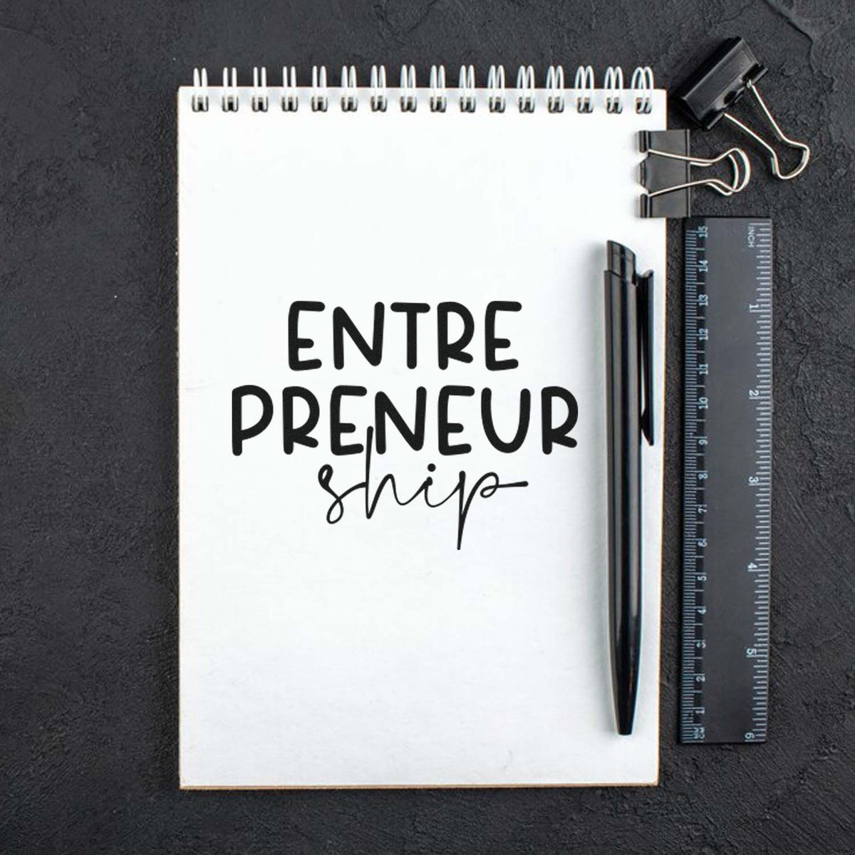 Entrepreneurship Split Word Art Premium Wooden Stamp - Vintage Pro imprint stamped in black ink. The word "entrepreneurship" is broken across three lines with capitals above a script "ship."