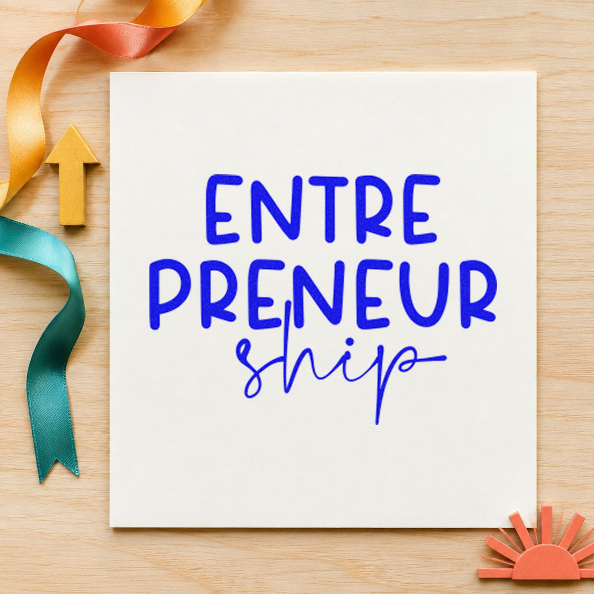 Entrepreneurship Split Lettering craft stamp in blue ink on cardstock, an easy option for pack bench printing.
