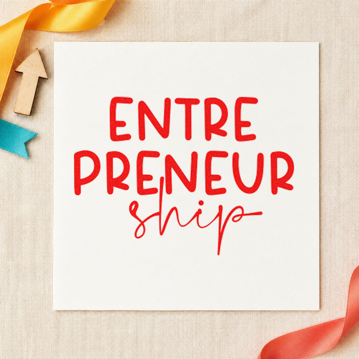 Entrepreneurship Split Lettering rubber stamp shown in red ink, stamped for projects such as shelf bin labels.