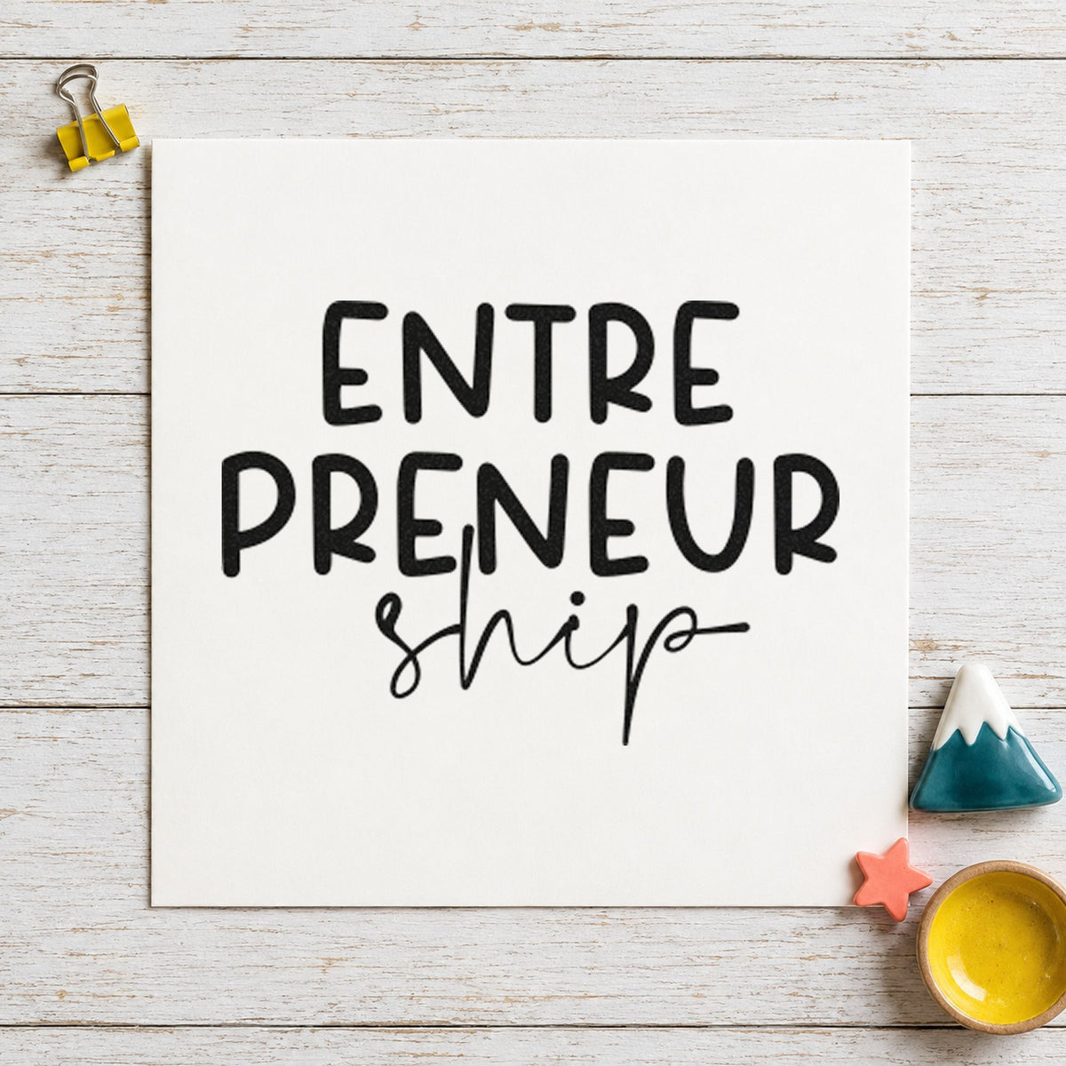 Entrepreneurship Split Lettering rubber stamp printed in black ink, ready for three line cards and similar paper crafts.