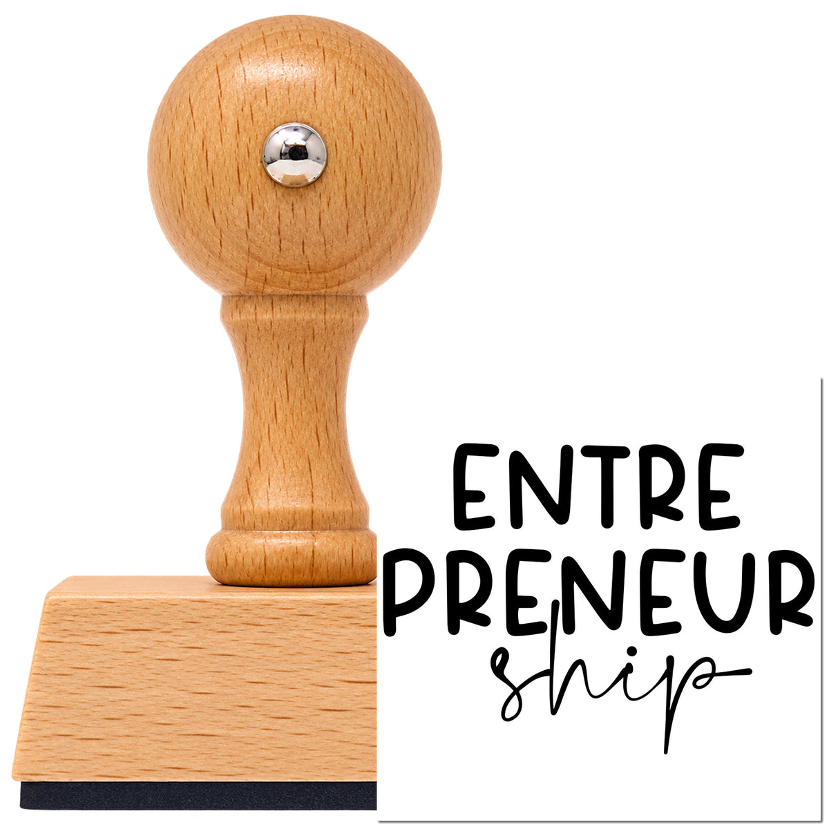 Vintage Pro beech wood stamp with a round knob handle, shown with its black Entrepreneurship Split Word Art imprint on white.