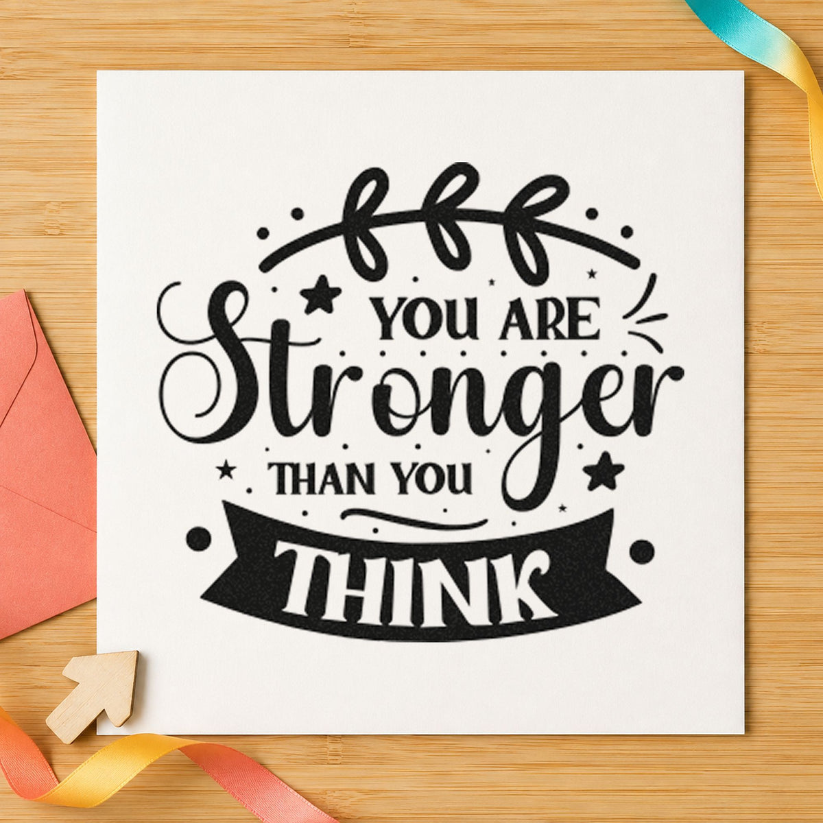 You Are Stronger Think Banner craft stamp imprint in black ink on a handmade project, one idea being treat pouch gift tags.