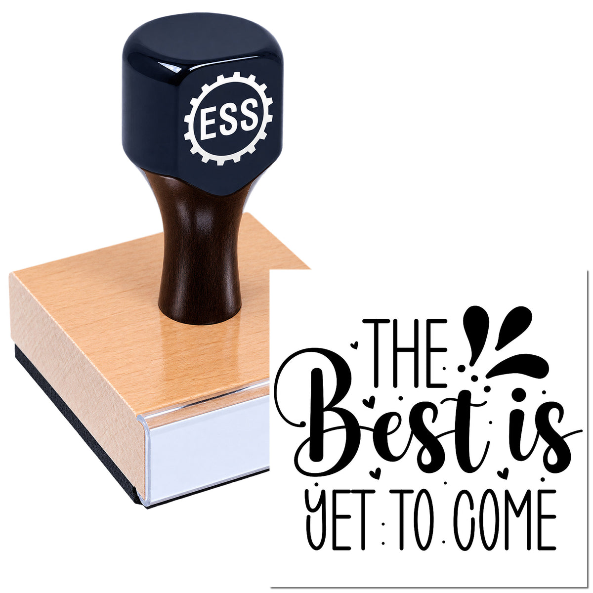 Black ESS rubber stamp and seal on pink block, with "The Best is yet to come" in bold black script.