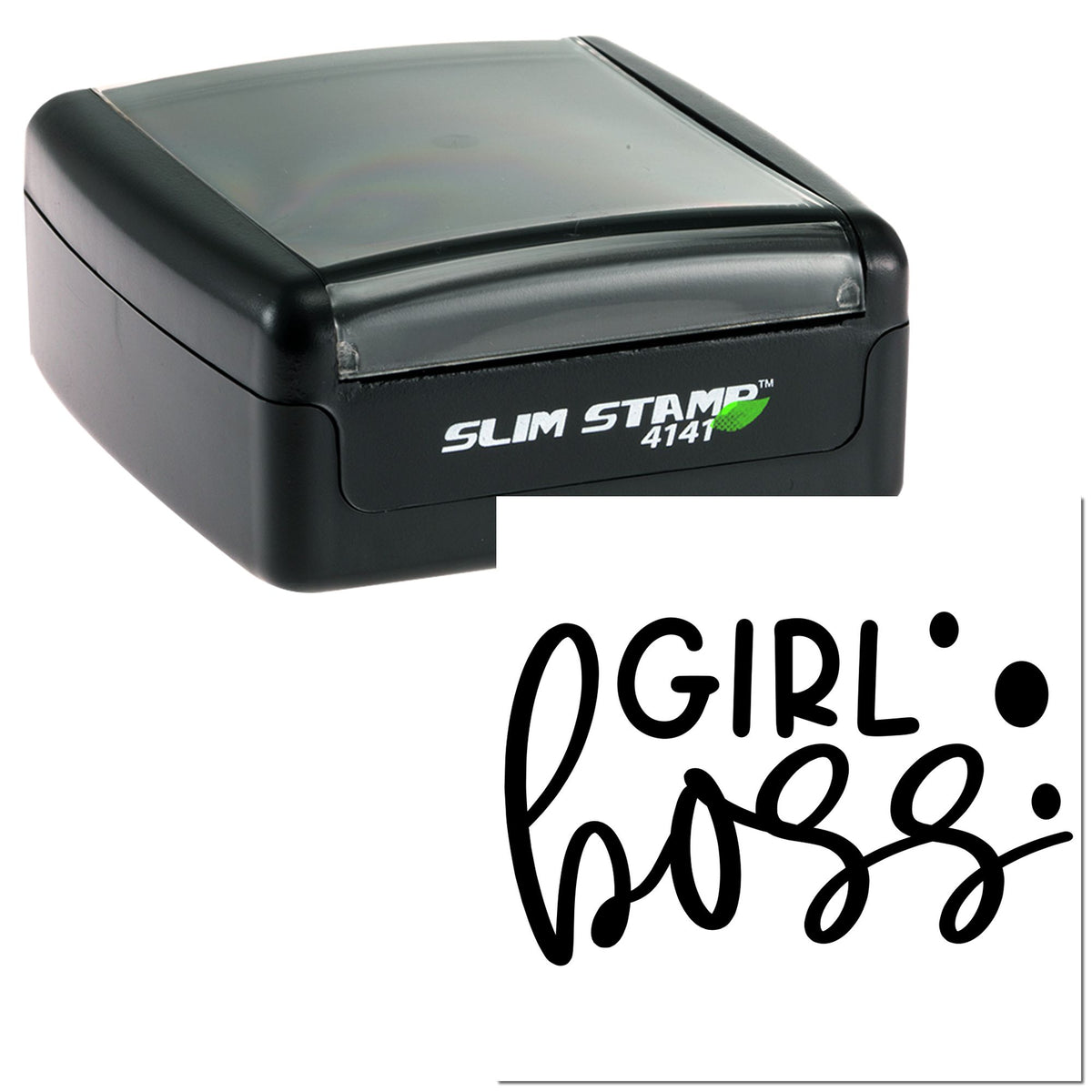 Black Slim Stamp 4141 self-inking seal with clear cover and bold black O GIRL BOSS imprint on white paper.