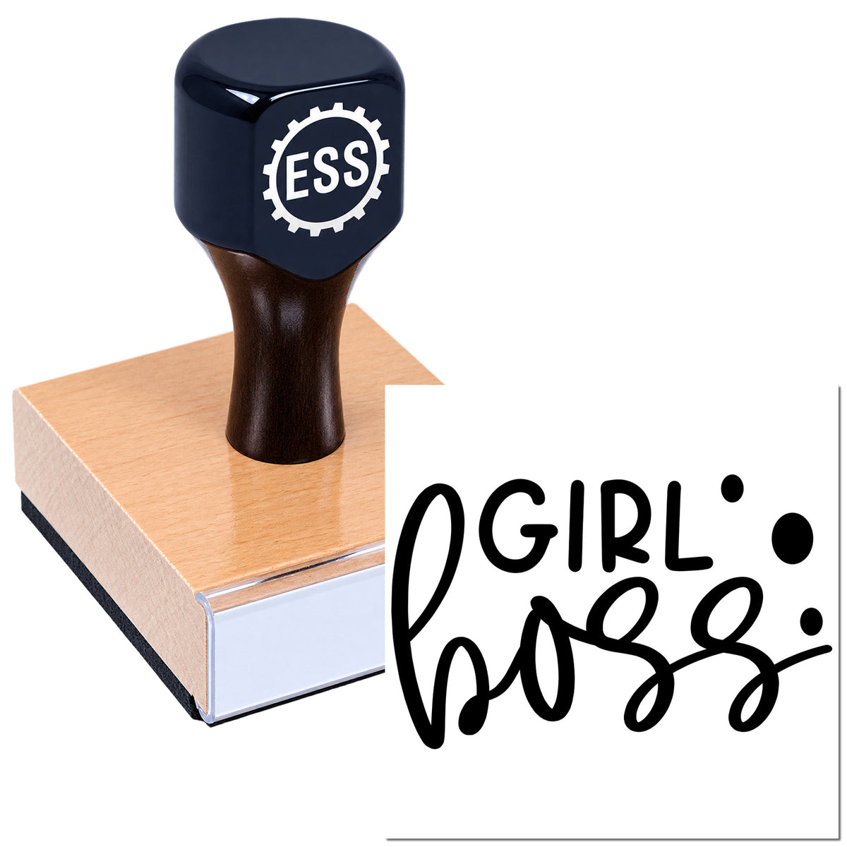Black ESS stamp with copper base and Girlboss seal graphic in bold black script on white background.