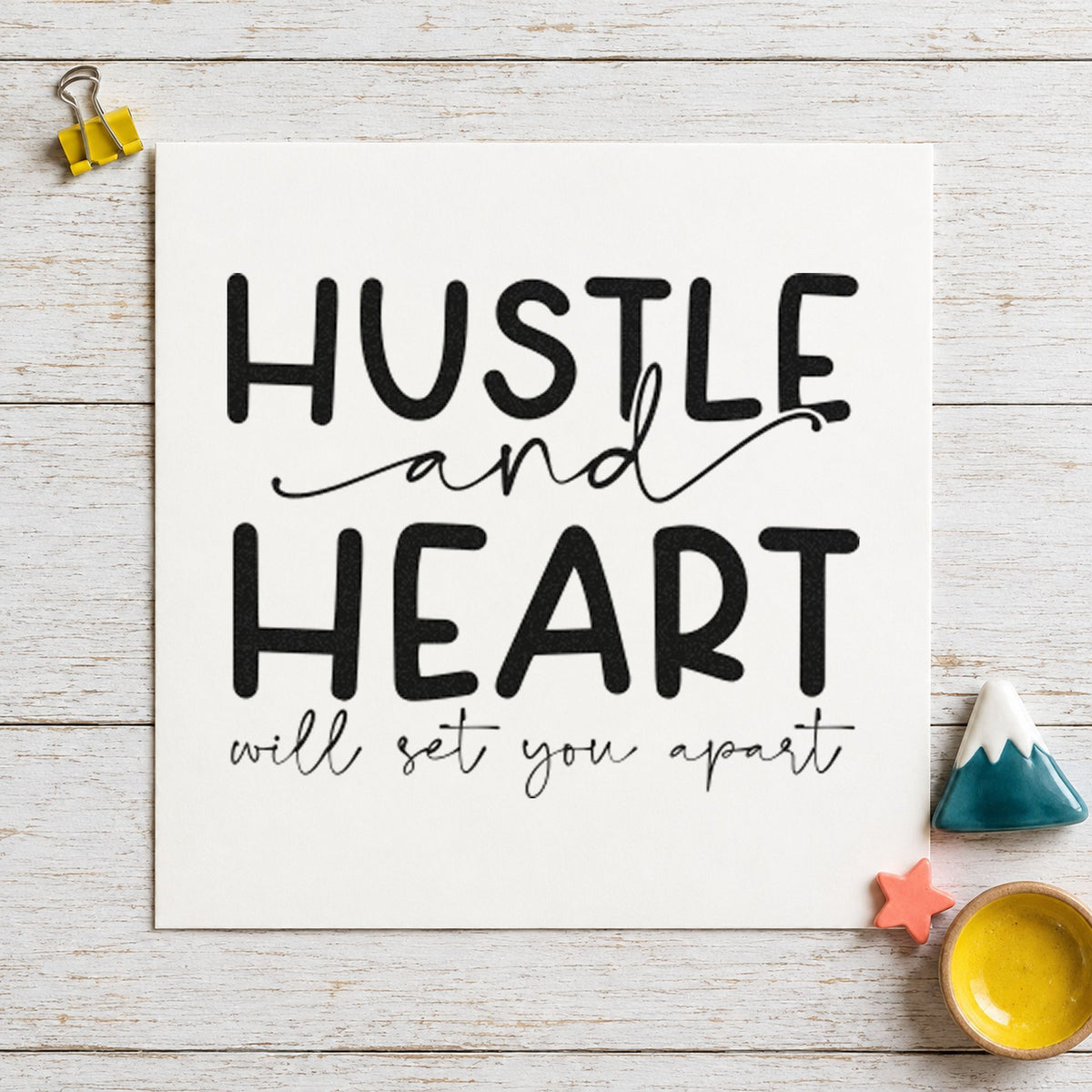 Hustle Heart Set You Apart craft stamp imprint in black ink on a handmade project, one idea being platter gift tags.