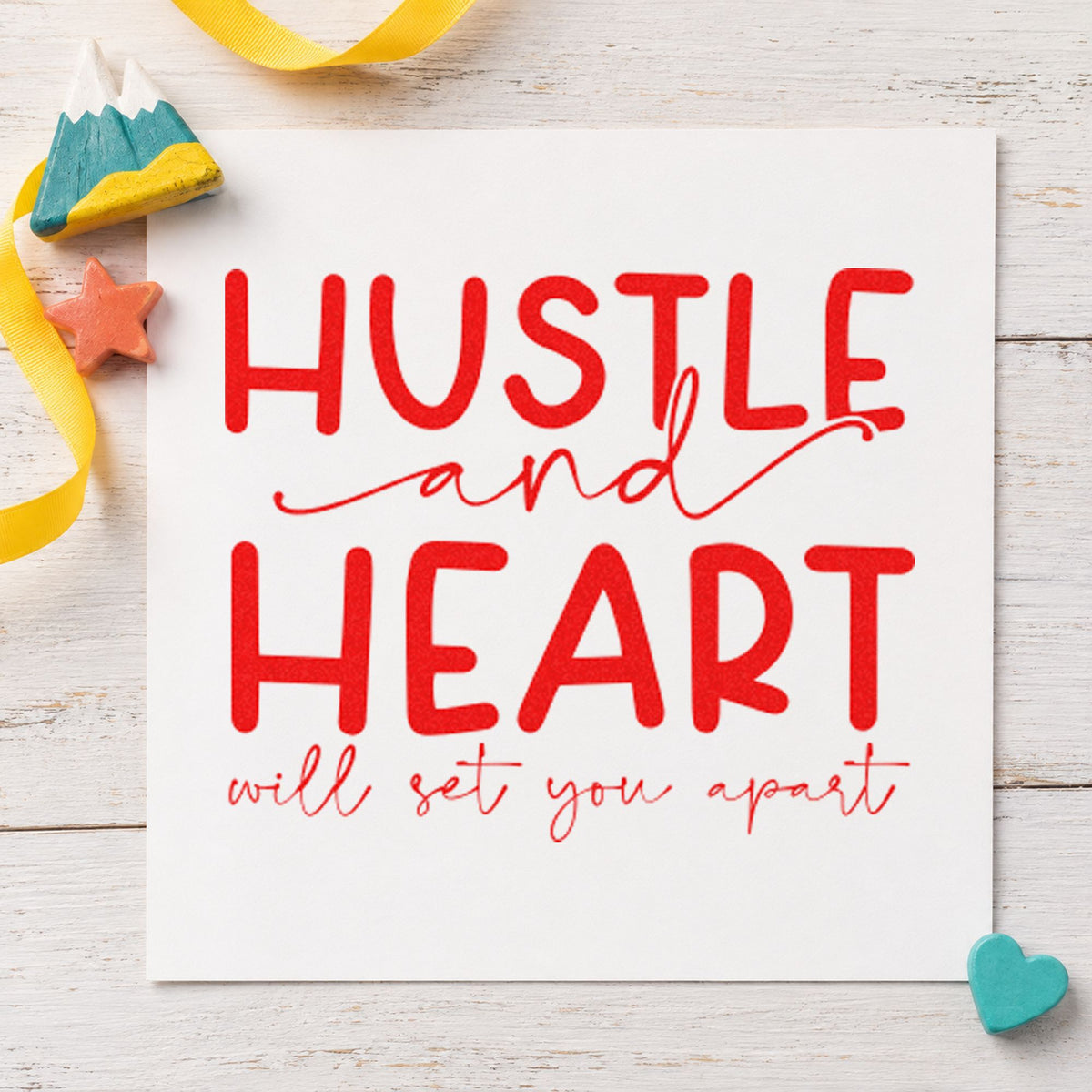 Hustle Heart Set You Apart craft stamp imprint in red ink on a handmade project, one idea being menu proof cards.