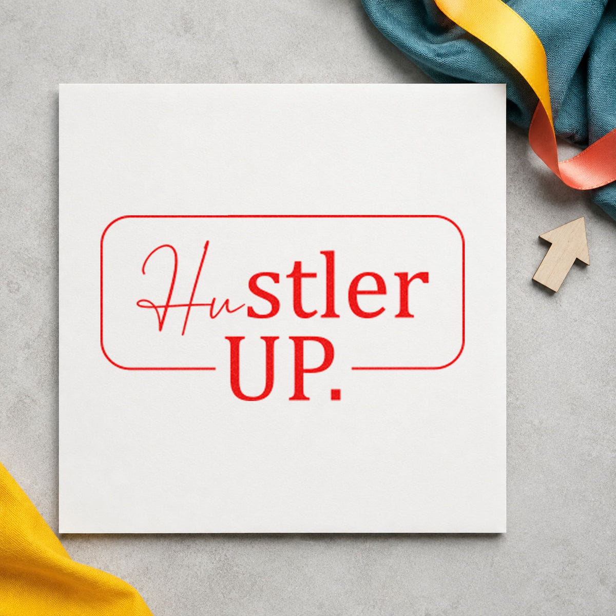 Hustler Up Rounded Frame rubber stamp shown in red ink, stamped for projects such as bin pad labels.