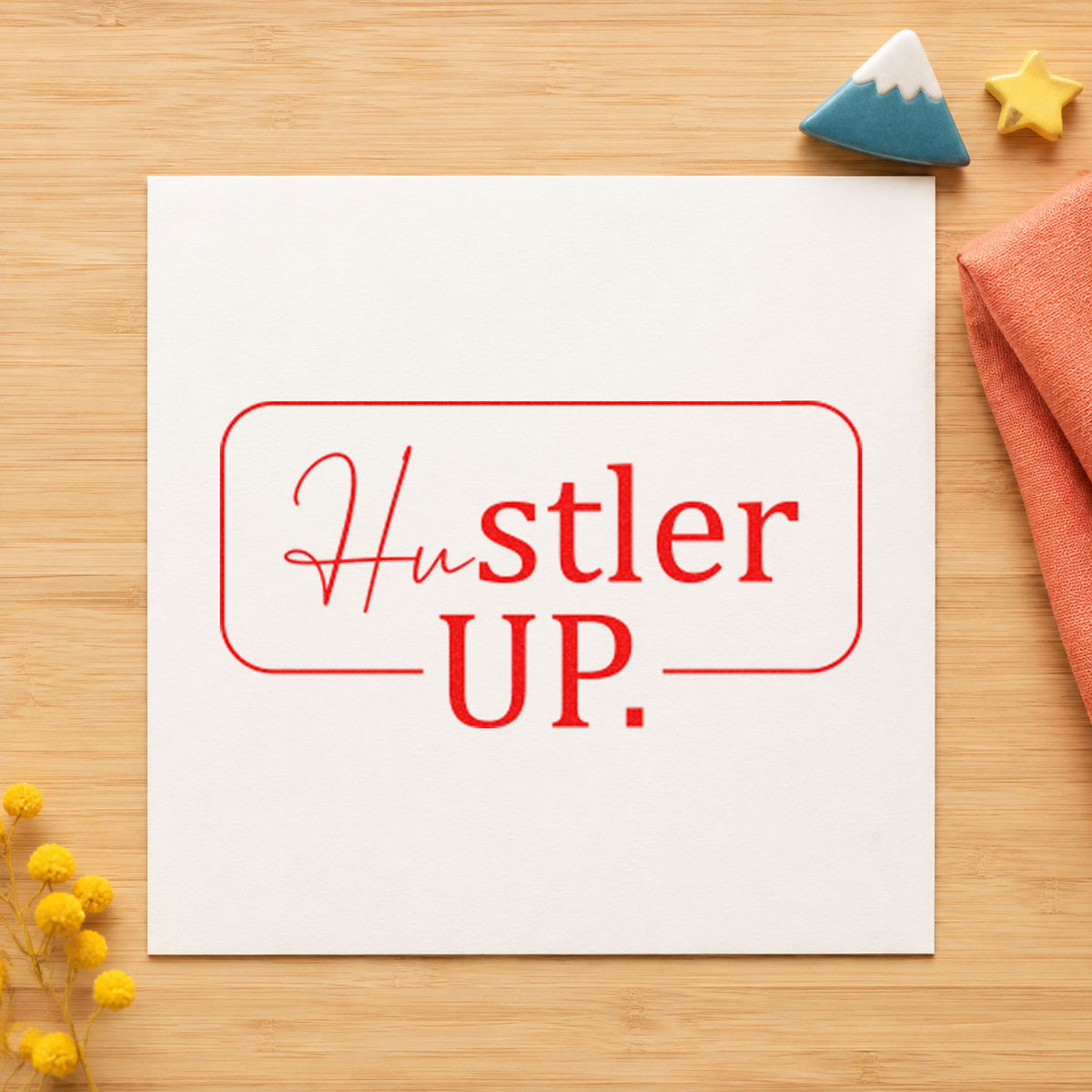 Hustler Up Rounded Frame craft stamp imprint in red ink on a handmade project, one idea being service note cards.