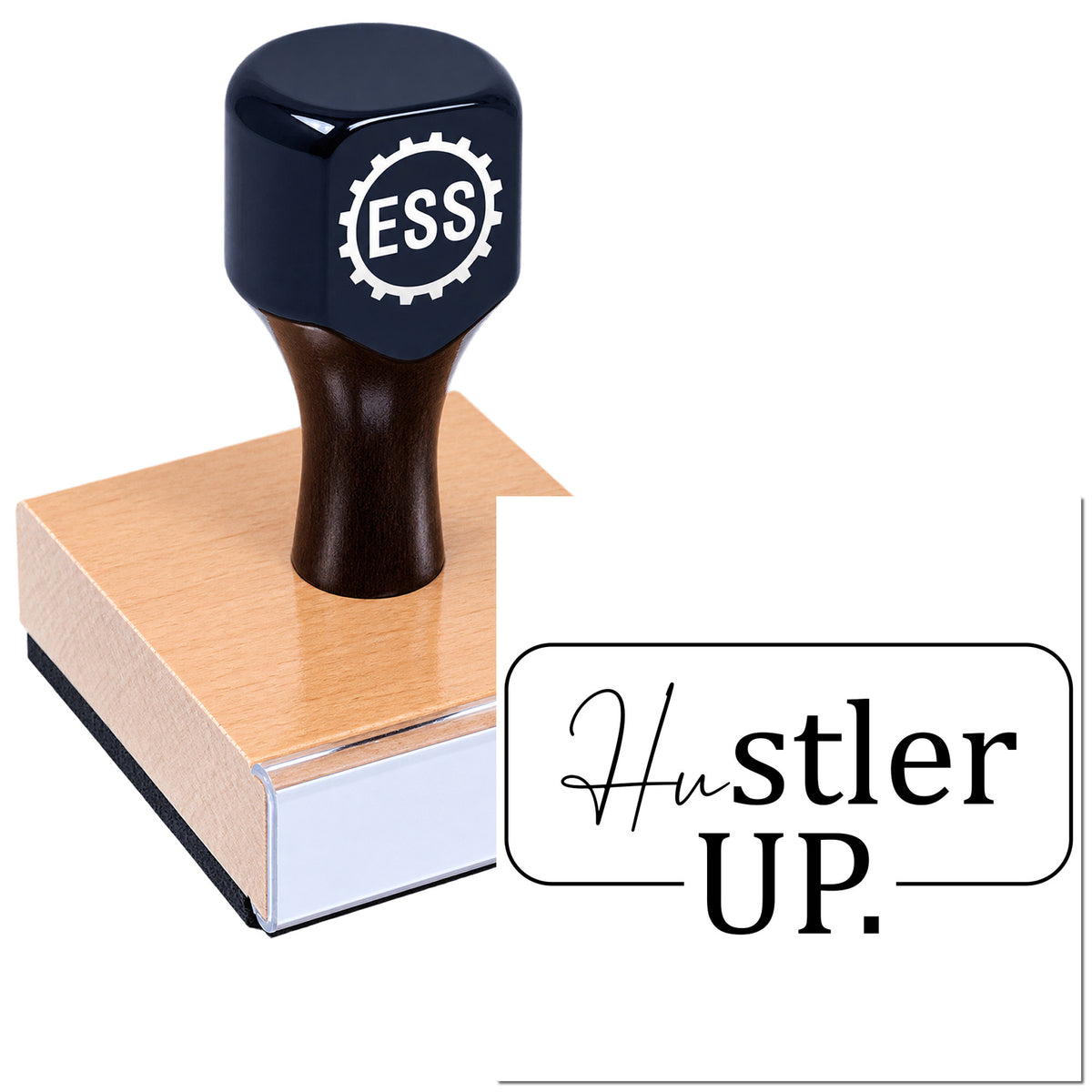 Dark navy custom rubber stamp and seal on a wooden block, featuring ESS gear logo and Hustler UP branding.