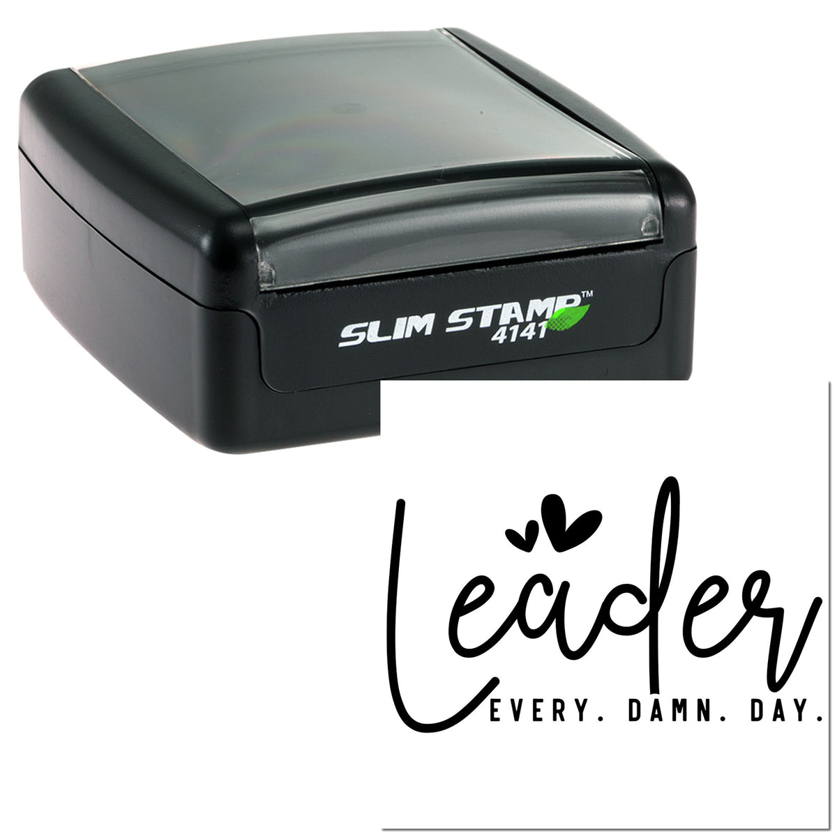 Black Slim Stamp 4141 self-inking stamp with white custom seal design reading leader on a white background.
