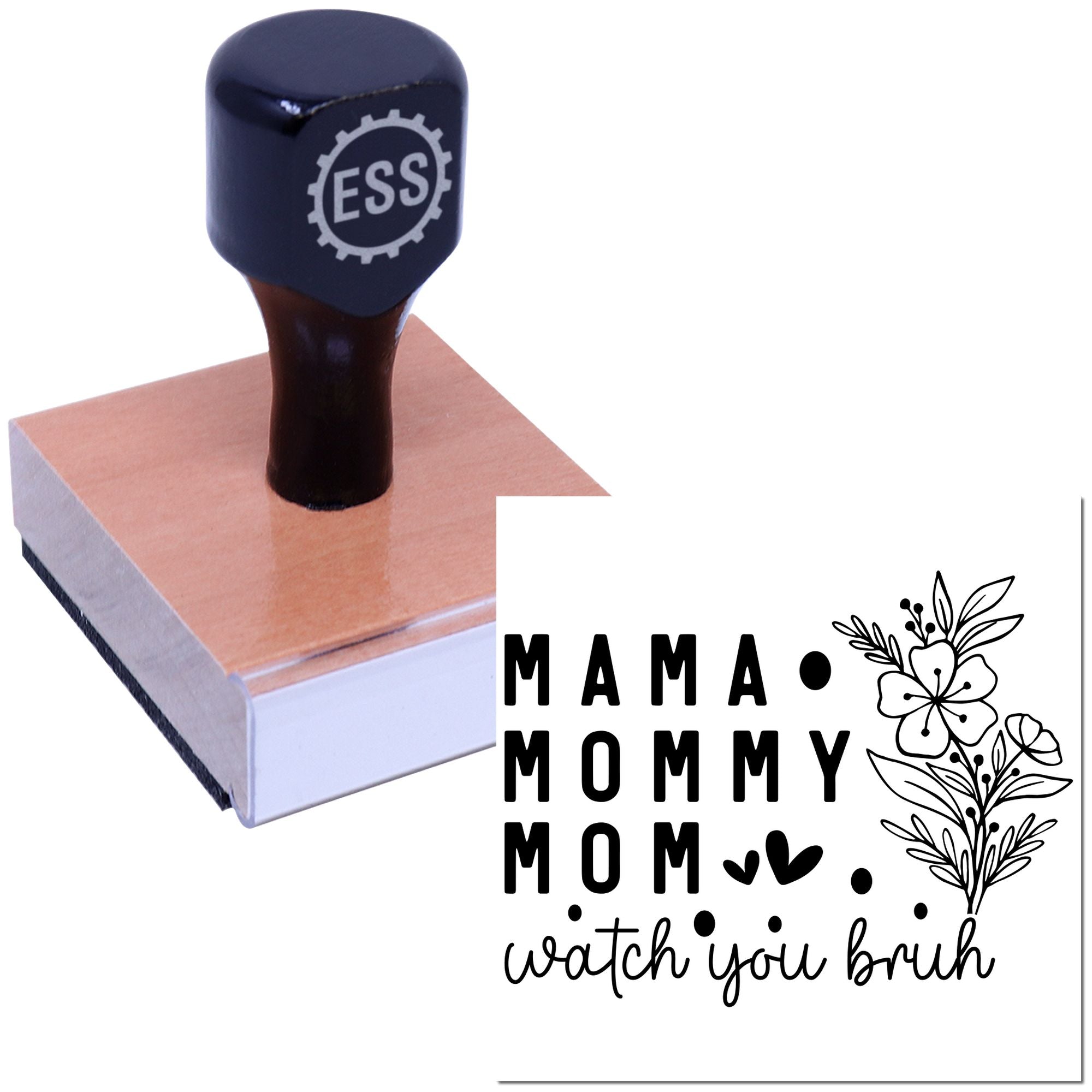 Custom rubber stamp and seal with dark navy handle, pink wood block, and black floral MAMA MOMMY MOM design.
