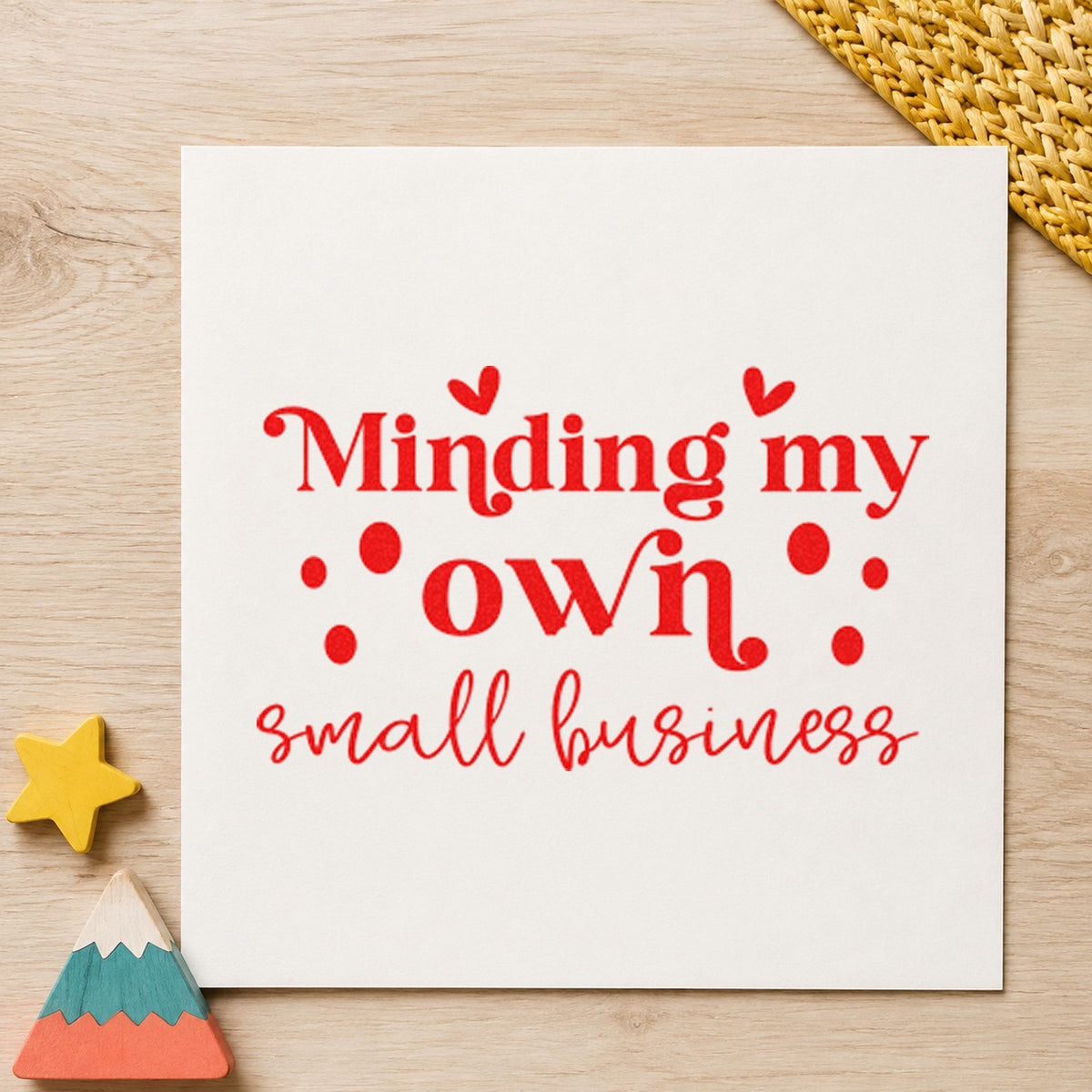 Minding My Own Small Business rubber stamp shown in red ink, stamped for projects such as jar ingredient labels.
