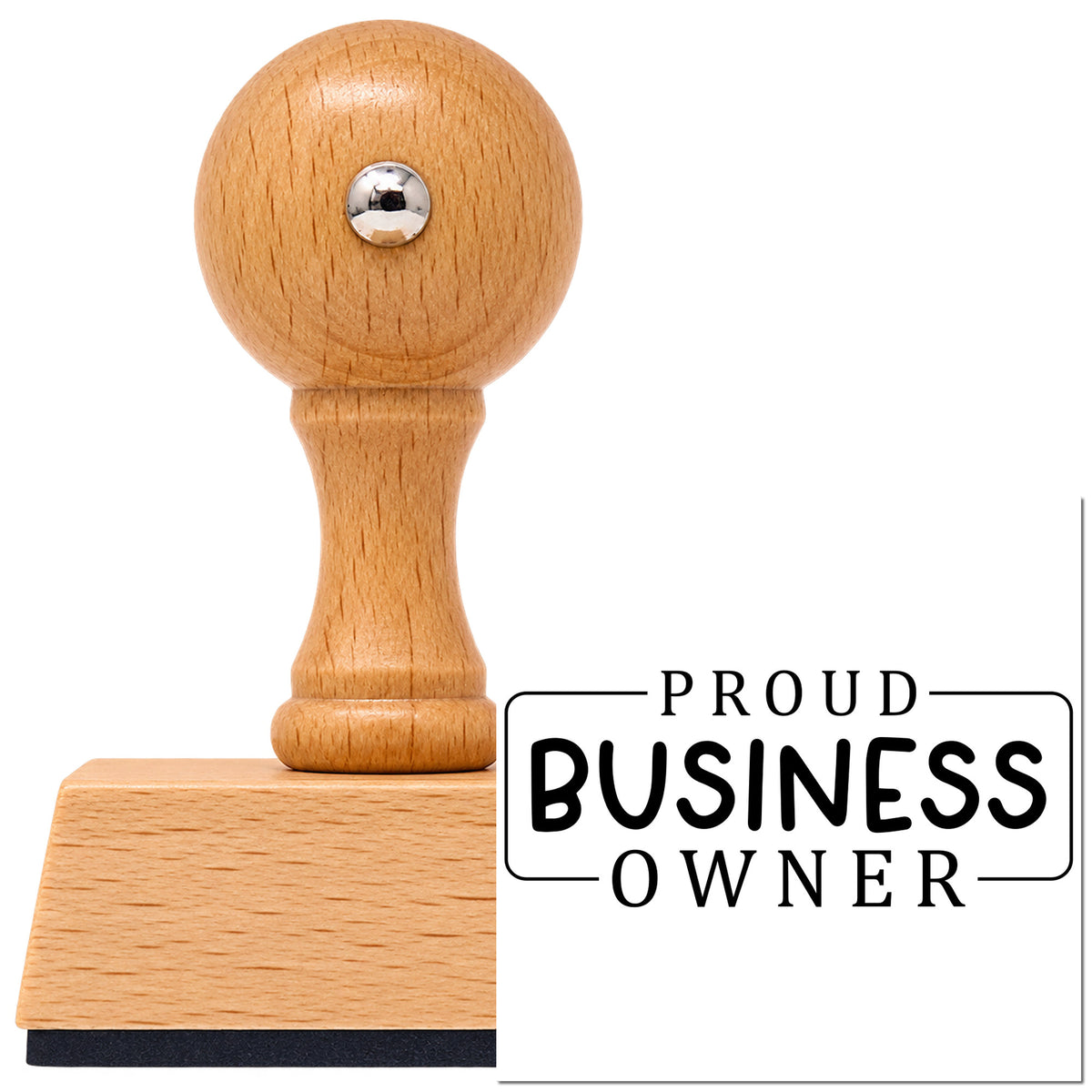 Vintage Pro beech wood stamp with a round knob handle, shown with its black Proud Business Owner imprint on white.
