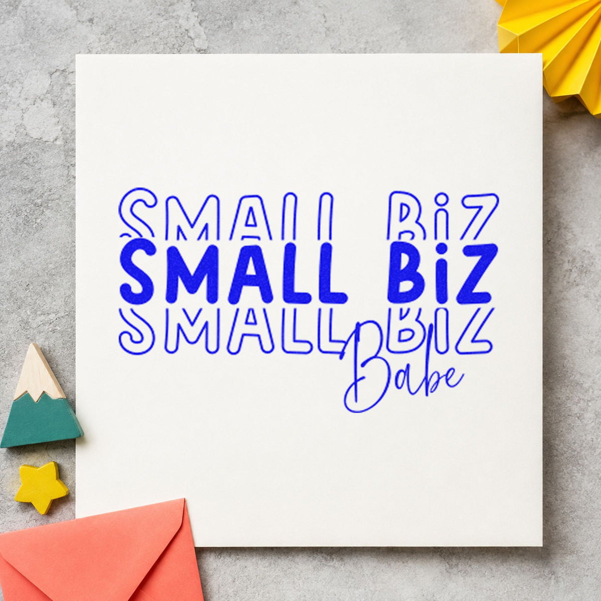 Small Biz Babe Repeated craft stamp imprinted in blue ink on paper, a design suited to framed bench shelf.